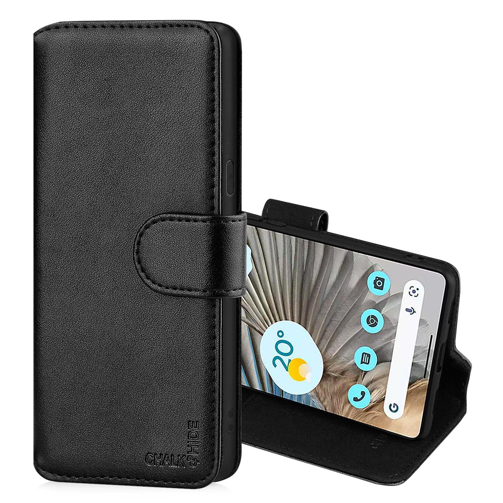 CHALK & HIDE - Real Leather Book Wallet Flip Case Cover For Google Pixel 7 Pro, Real Leather Design With Card Slot, Magnetic Closure and Built In Stand - Black