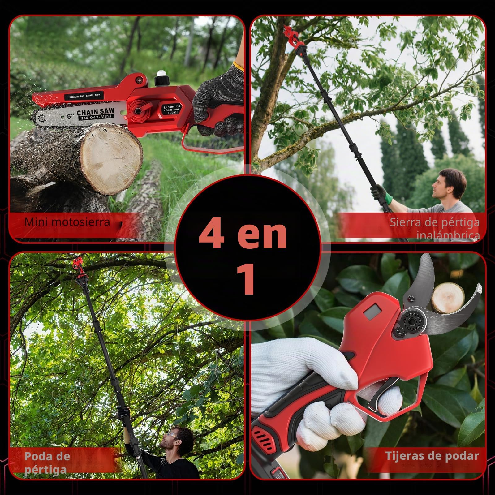 6 Pulgadas Mini Motosierra Telescopica & 55 mm Tijeras de Podar Eléctricas, 4 en 1 Kit de Herramientas de Jardín con 2 * 2 Ah Baterías, Alcance Máximo Hasta 4,5 m