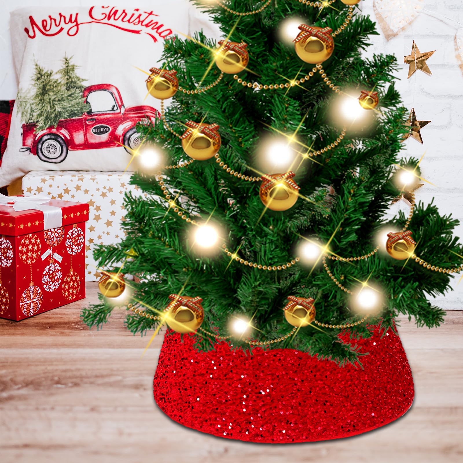 Gonna Per Albero Di Natale 60 cm - Decorazioni Glitter Rosso, Collare e Base Per Cestino - Copertura Per Feste a Casa e Vacanze