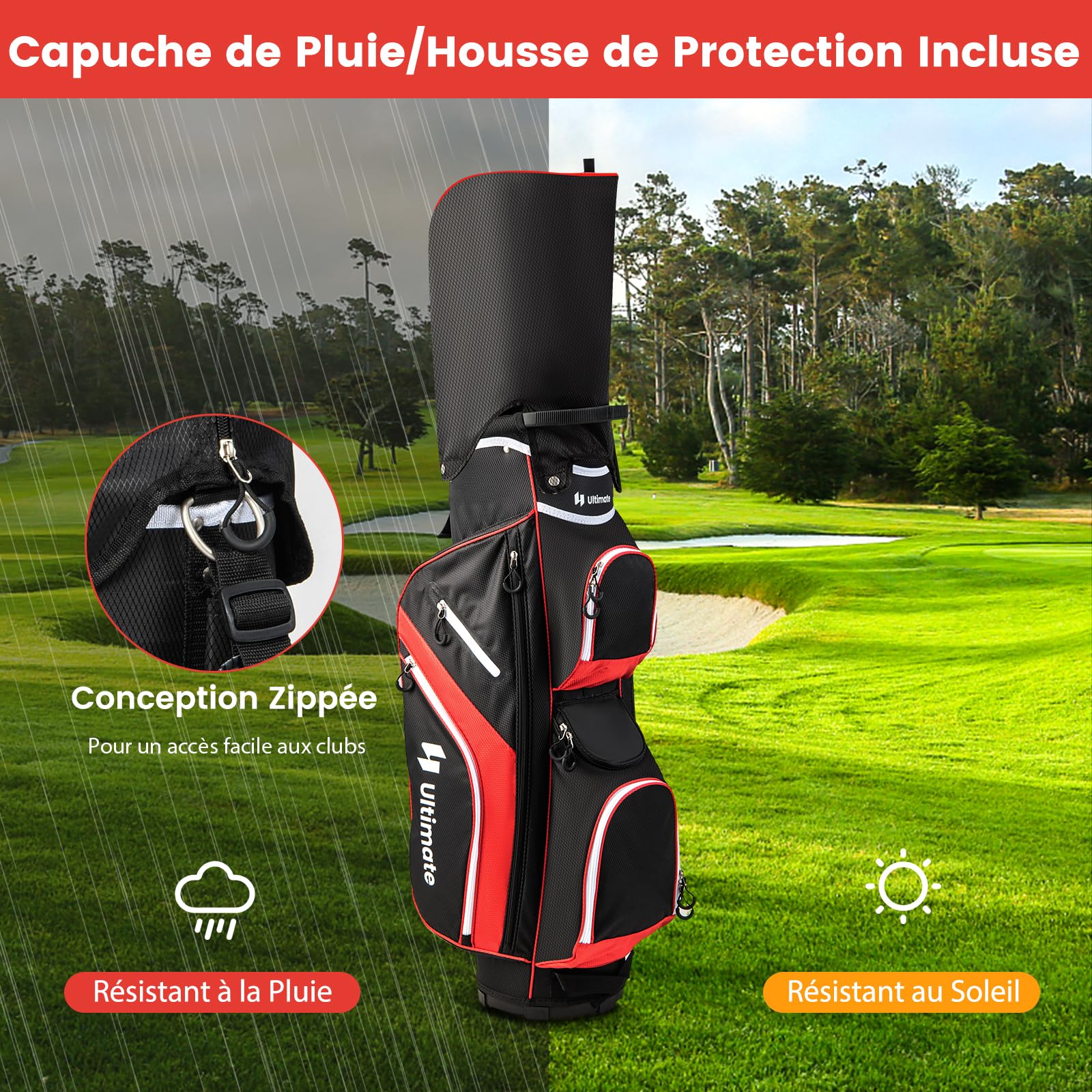 COSTWAY Sac de Golf avec 14 Compartiments, Sac de Club de Golf Portable avec 9 Poches Zippées Glacière Compartiment à Chaussures Porte-Parapluie et Housse de Pluie