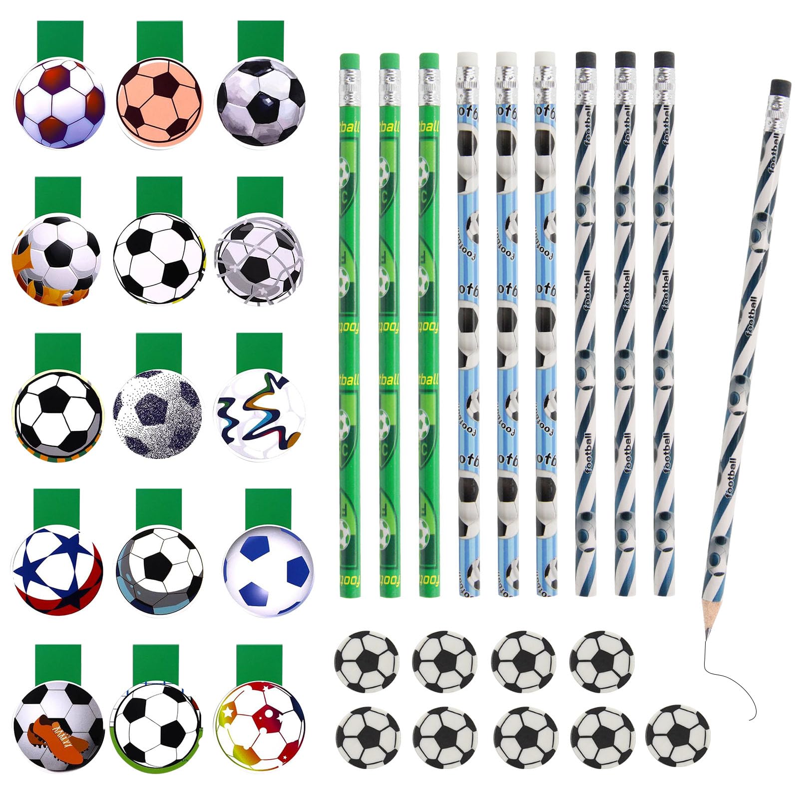 WACH AUF 15 Fútbol Marcapaginas Magneticos 9 Lápices de Fútbol con 9 Gomas Borrar Fútbol Magnetic Bookmarks Set Marcadores de Libros Magneticos para niños, estudiantes, aficionados al fútbol