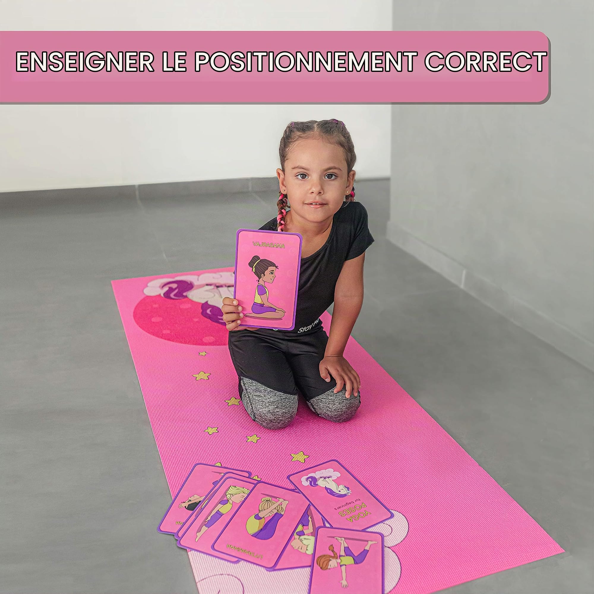 Set Tapis Yoga Enfant - Tapis de Yoga pour Filles et Garçons - sans Produits Chimiques - Non Toxique – Antidérapant - avec 12 Cartes de Yoga et Un Sac Portable