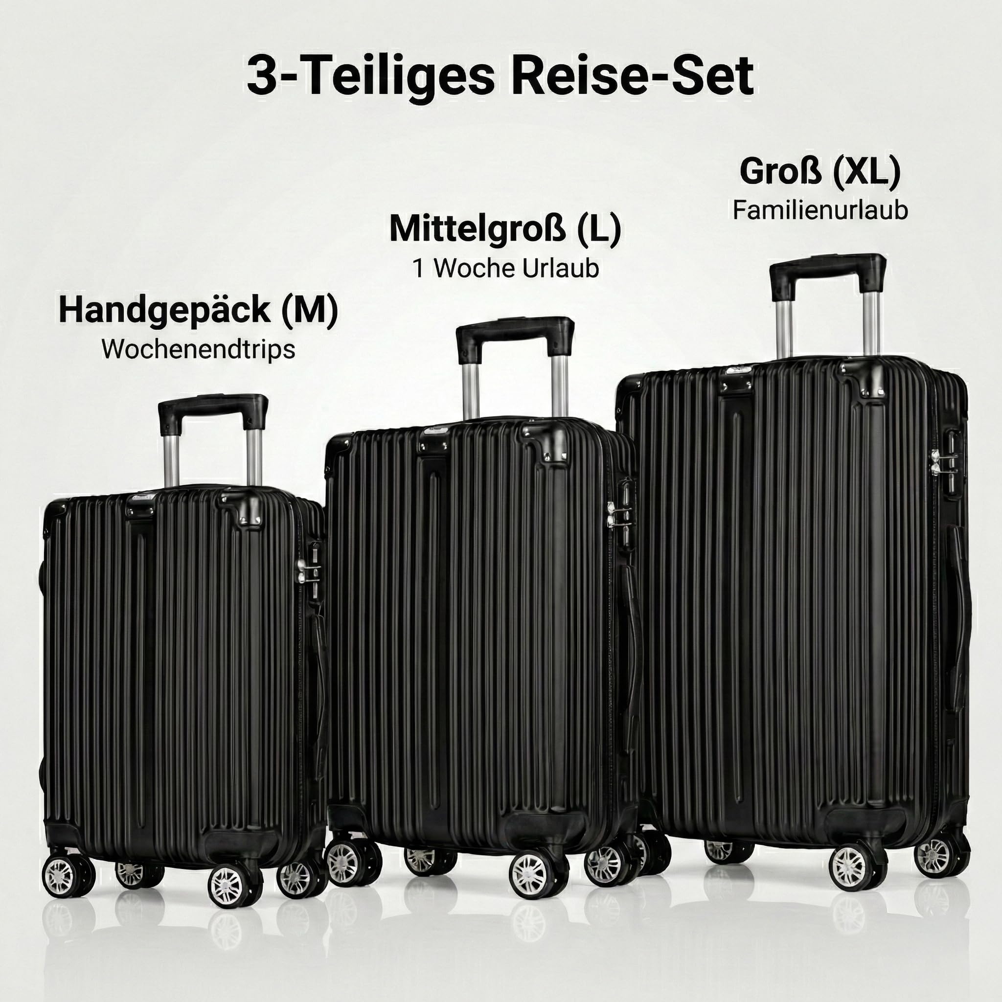 POSH Kofferset 3 teilig Hartschale ABS – Reisekoffer Set Handgepäck, Mittel, Groß – Leichtes Trolley Set mit leisen 360° Zwillingsrollen – Stabile Koffer mit Zahlenschloss