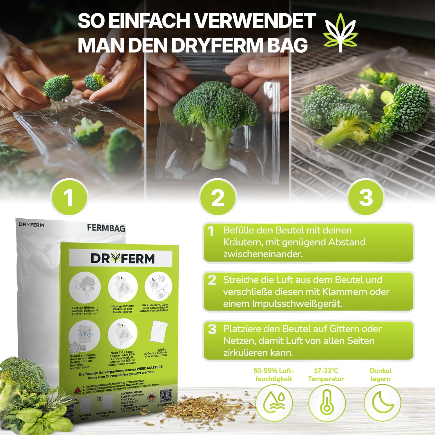 DryFerm Starter Sets 30x50cm Trocknungsbeutel mit Clips – Wählbar 3er/9er/15er – Premium Dry Bags für Kräuter & Pflanzen – Geruchsdicht, Schimmelschutz & Aroma-Booster – Wiederverwendbar