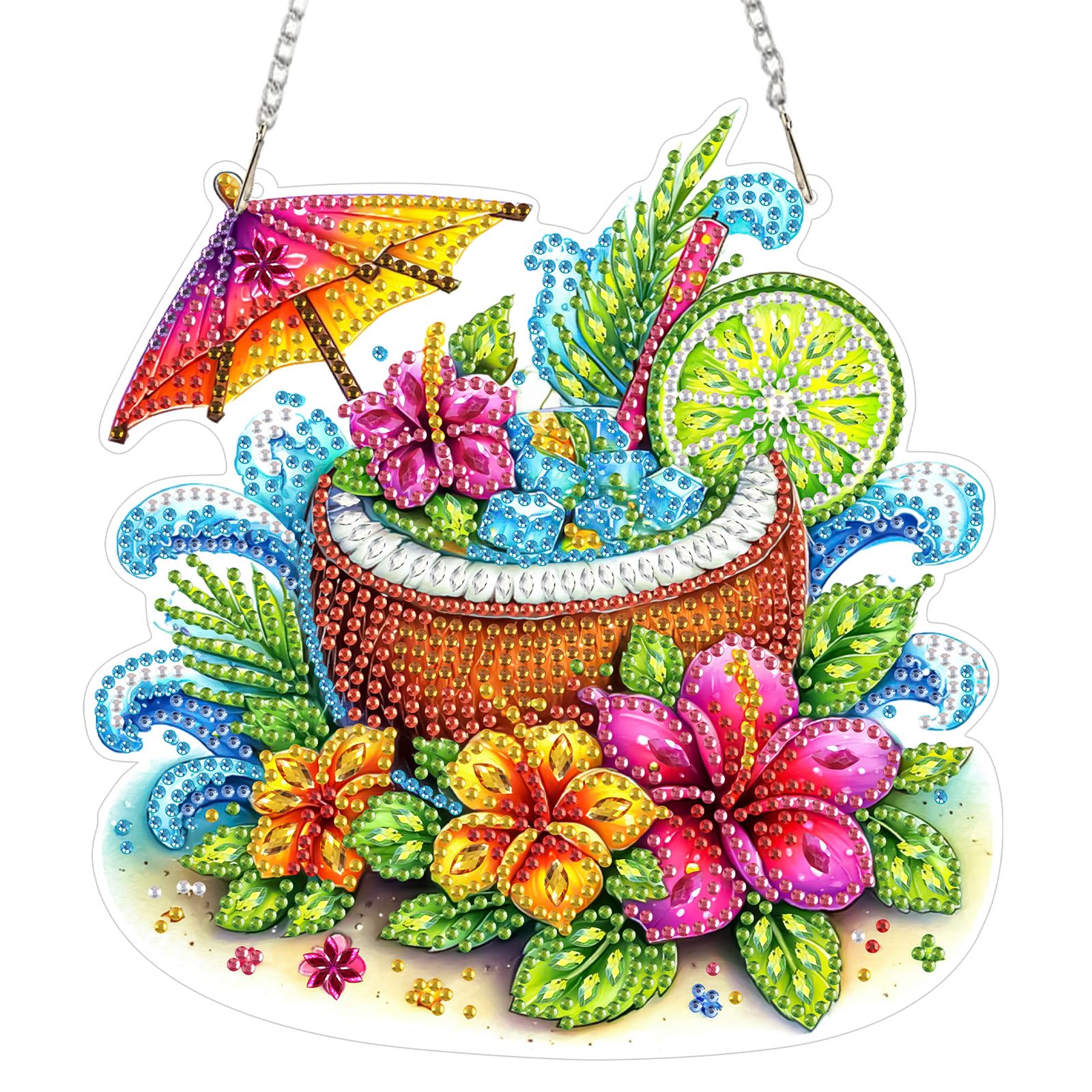 AIRDEA DIY Tropical Cocktail Diamond Art Ornament Kit for Adults, Double-Sided Palm Leaves Diamond Painting Hanging Kit, DIY Acrylic Special Shaped Drills Hanging Suncatcher