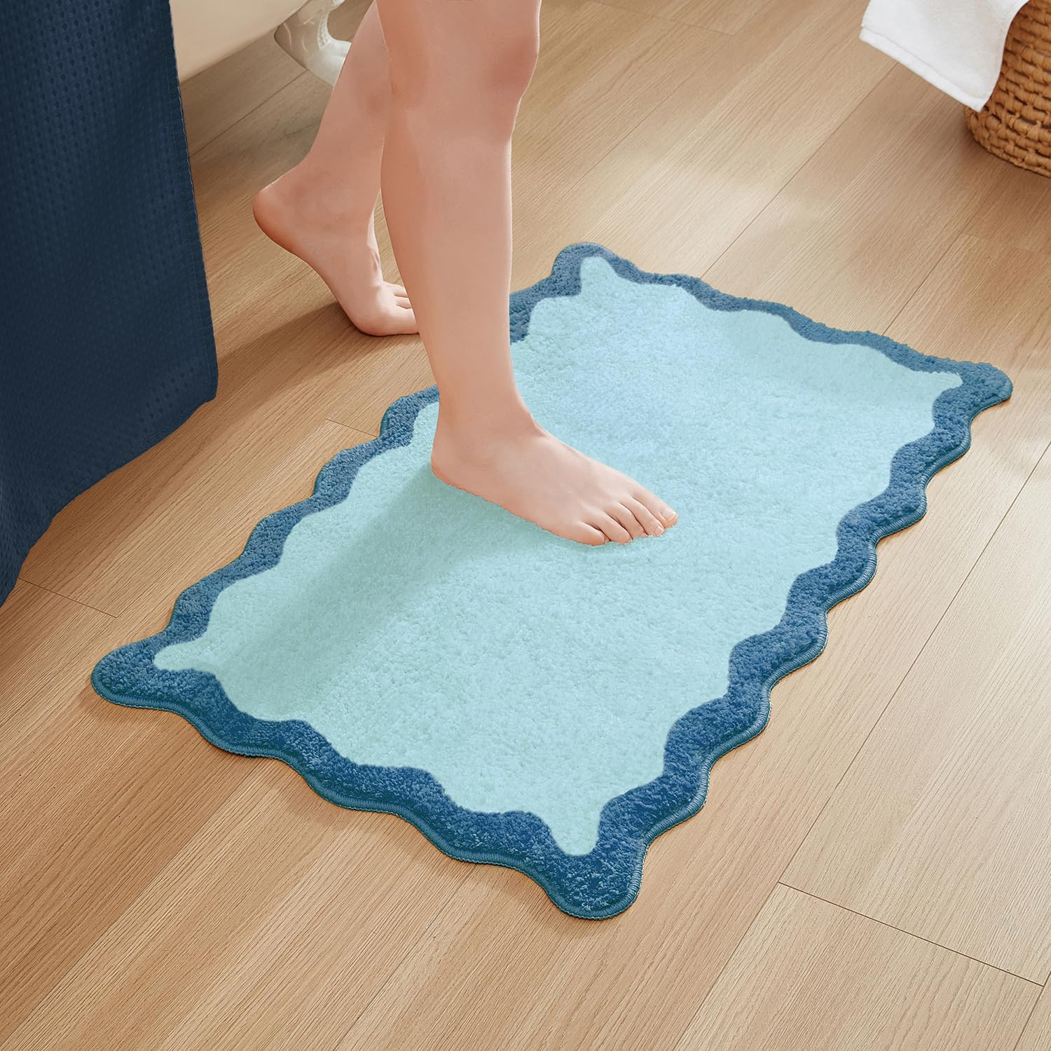 MONDAY MOOSE Bath Mat with Scalloped Wavy Ripple Design, Microfiber Absorbent Non Slip Tufted Rug for Floor, Shower or Kitchen (Blue, 20x32 inch) โ image 1