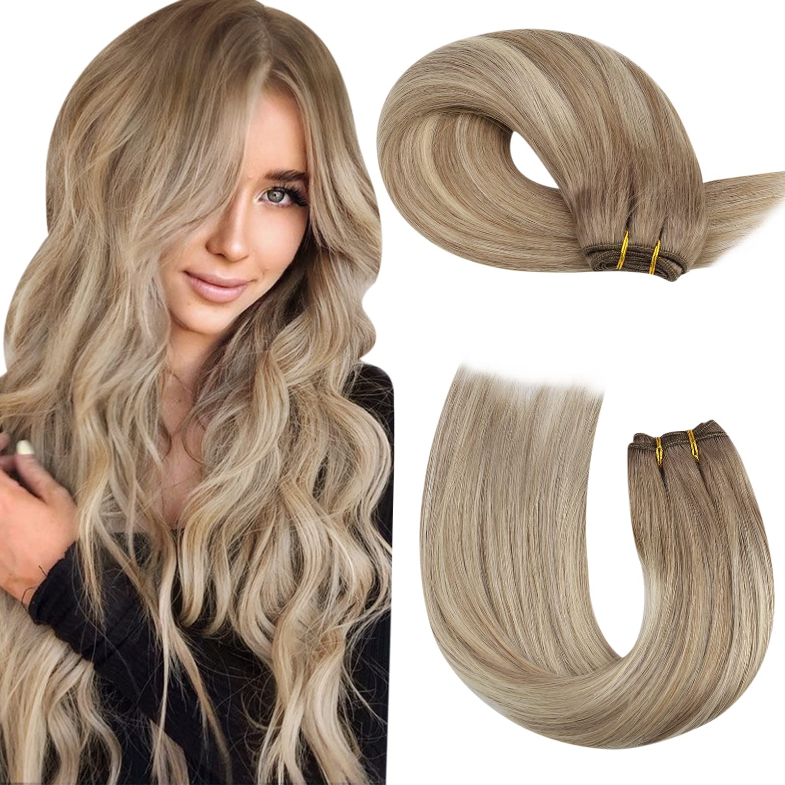Moresoo Balayage Hair Extensions Weft Real Human Hair Light Brown Mixed with Golden Blonde Ombre Sew in Extensions Human Hair Double Weft Beaded Weft Human Hair Extensions 16inch 100g