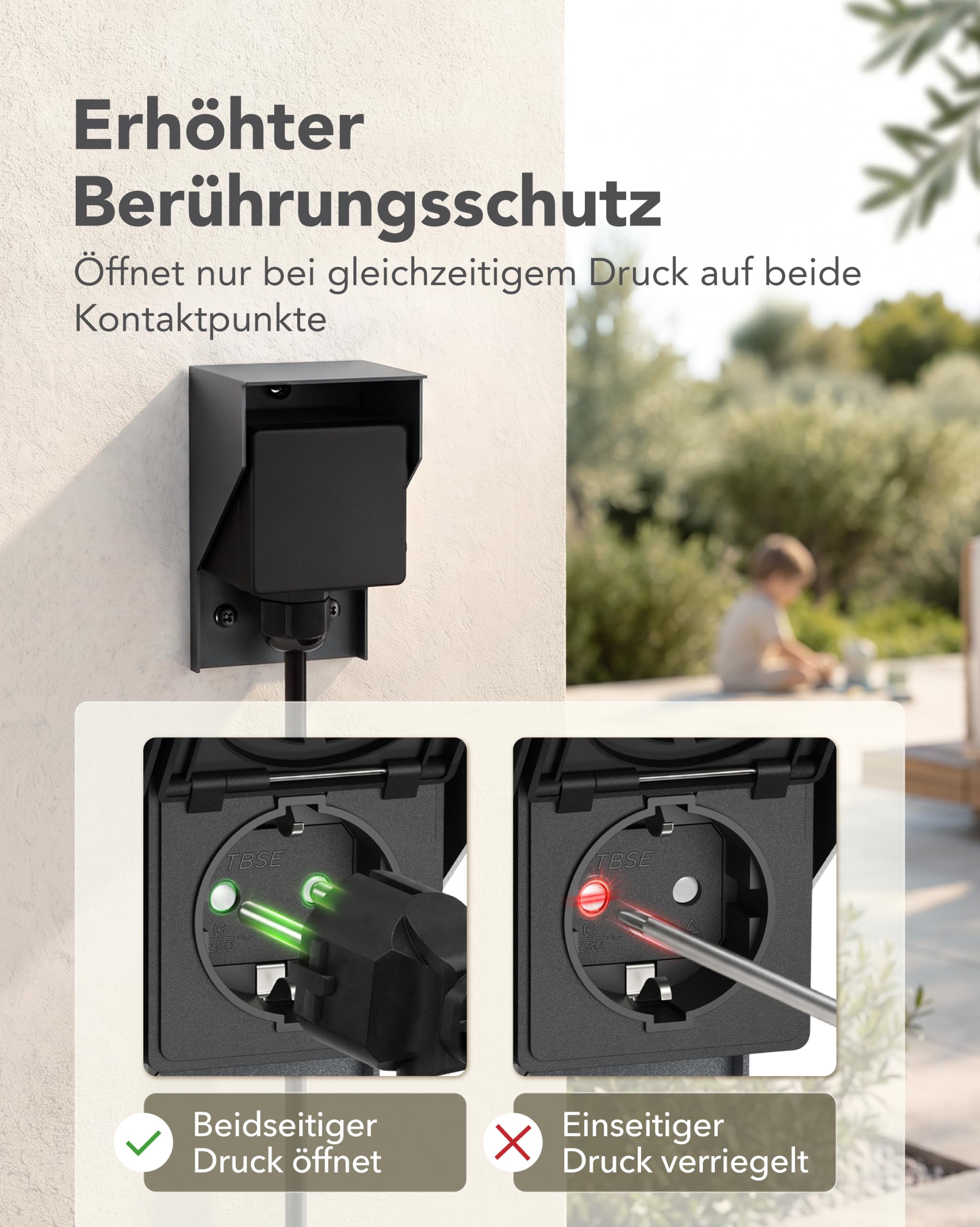 ledscom.de 3x Aufputz Steckdose PIWI für außen und 2m Kabel, IP44, 1-fach, anthrazit