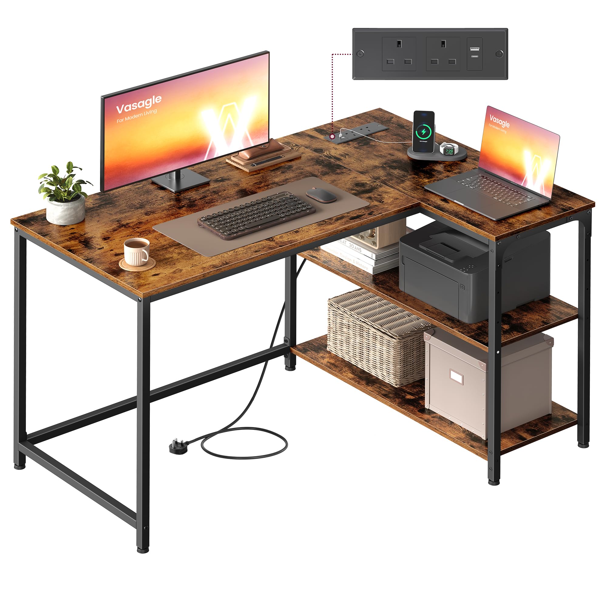 VASAGLE L Shaped Corner Desk, Computer Gaming Desk with Storage, Reversible Height-Adjustable Shelves, for Home Office, with Power Outlets 2 USB Ports, 110 x 80 cm, Rustic Brown LWD131KD02