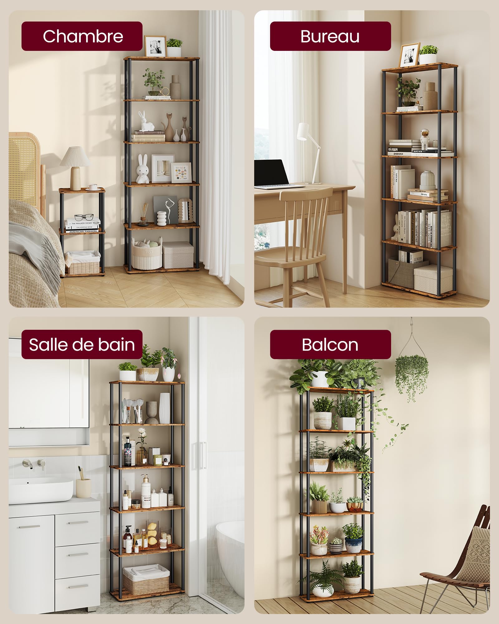 VASAGLE Bibliothèque, Étagère à 6 Niveaux, Assemblage Ultra-Rapide sans Outils, Étagère de Rangement, 23,8 x 60 x 173,4 cm, pour Salon, Chambre, Cuisine, Marron Rustique et Noir d’Encre LLS166K01
