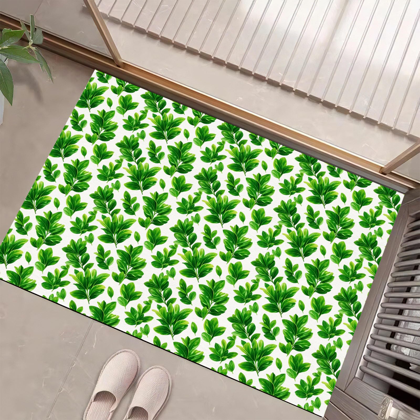 Petit tapis lavable en machine 50x80cm vert émeraude avec motif paillasson de feuilles