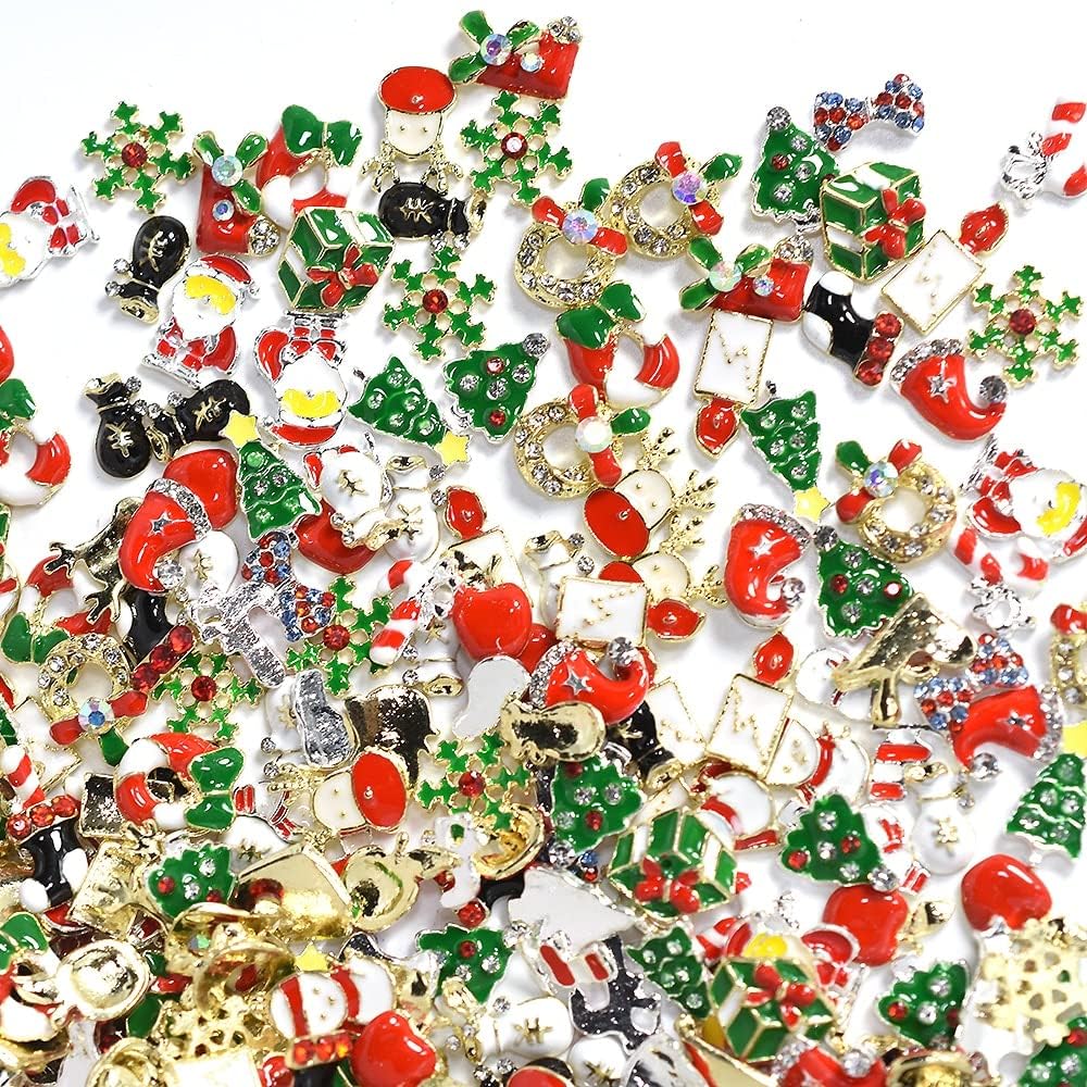 100pcs Xmas Alloy Nail Art Decorations Rhinestone Christmas Jewelry Nail Accesoires 3D Nail Supplies Halloween Charm - (Color: 100pcs Random Style)