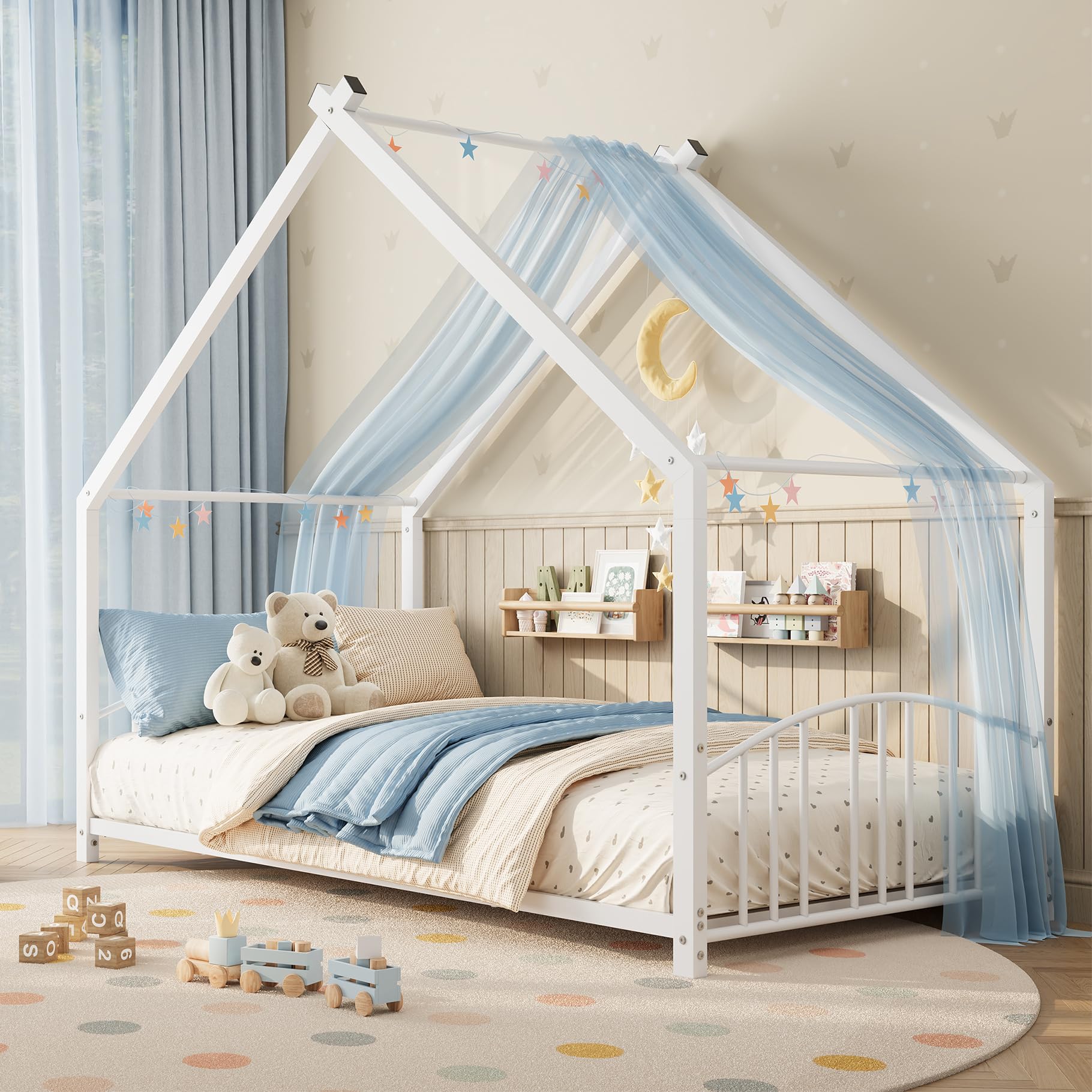 Garvee Twin Size Metal House Bed Frame for Kids, White