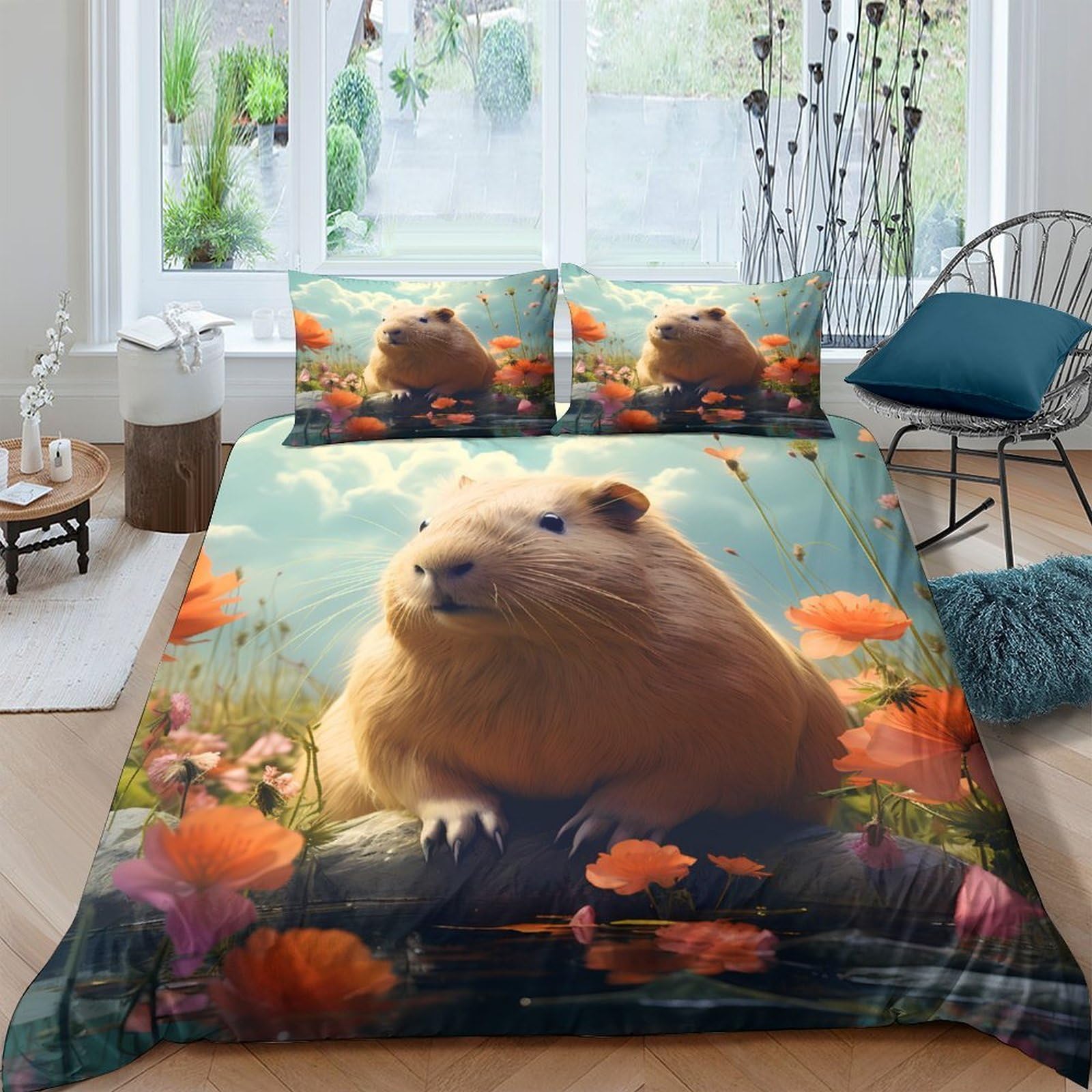 TUFRTGYHN 3D Printed Capybara Nature Duvet Cover Microfiber Soft Breathable Floral Bedding Set with 2 Pillowcases for Bedroom Decor Single（135x200cm）