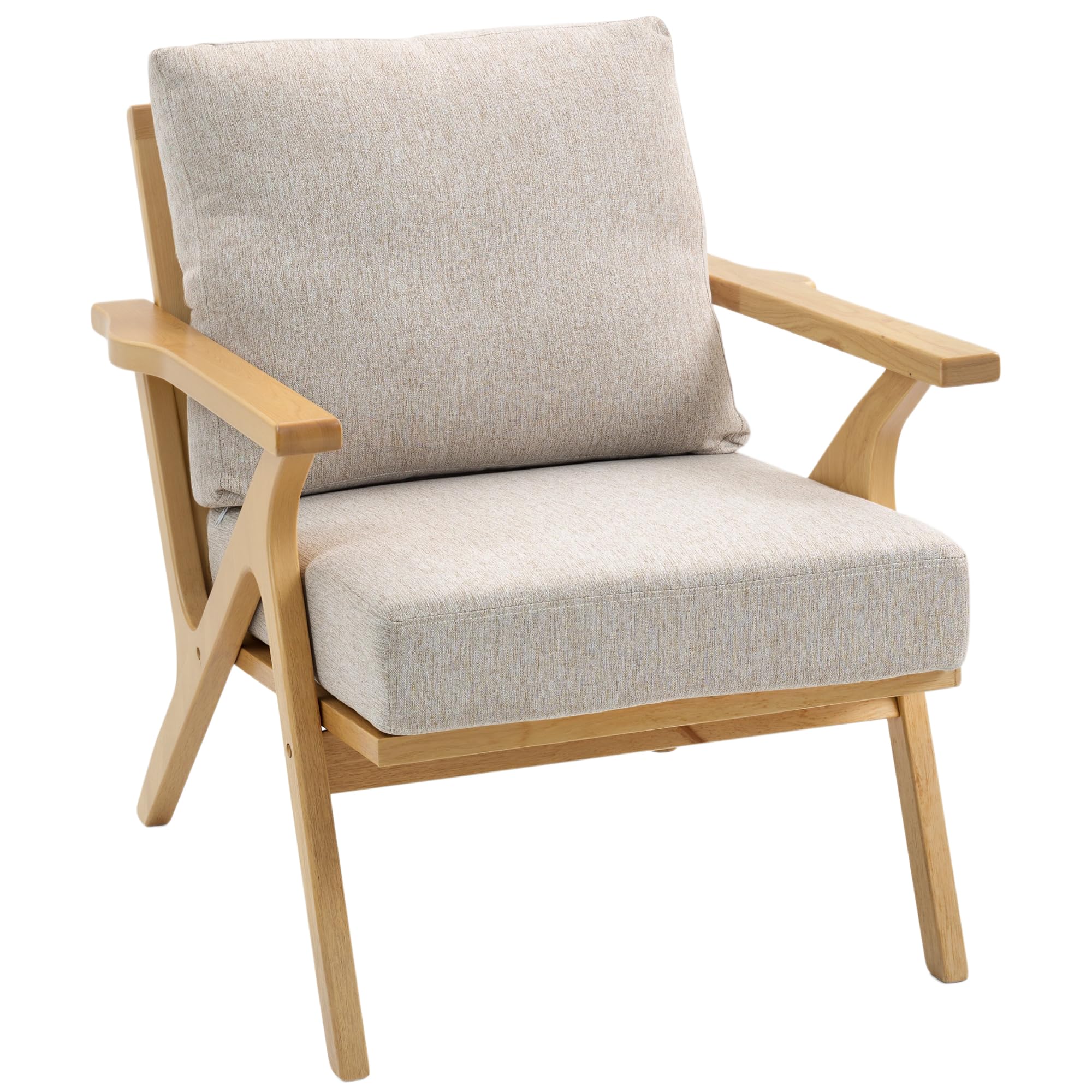 HOMCOM Wohnzimmersessel, skandinavischer Sessel aus Stoff in Leinenoptik mit dicken Kissen, gepolsterter Sitzfläche und Beinen aus Hevea-Holz, Wohnzimmerstuhl, Schlafzimmer, Leseecken, beige