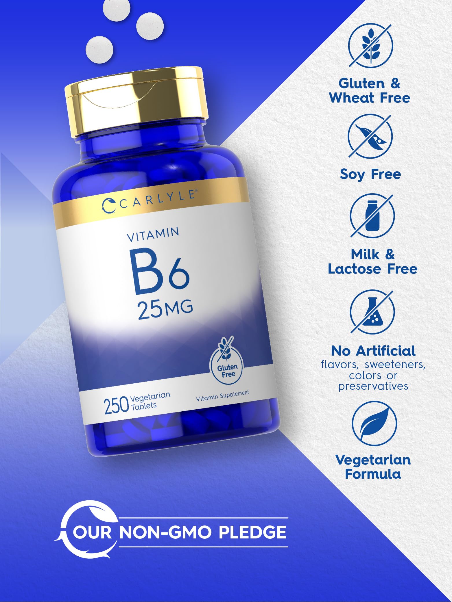 Carlyle Vitamin B6 | 25 mg | 250 Tablets | Supplement for Women and Men | as Pyridoxine Hydrochloride | Vegetarian, Non-GMO, and Gluten Free