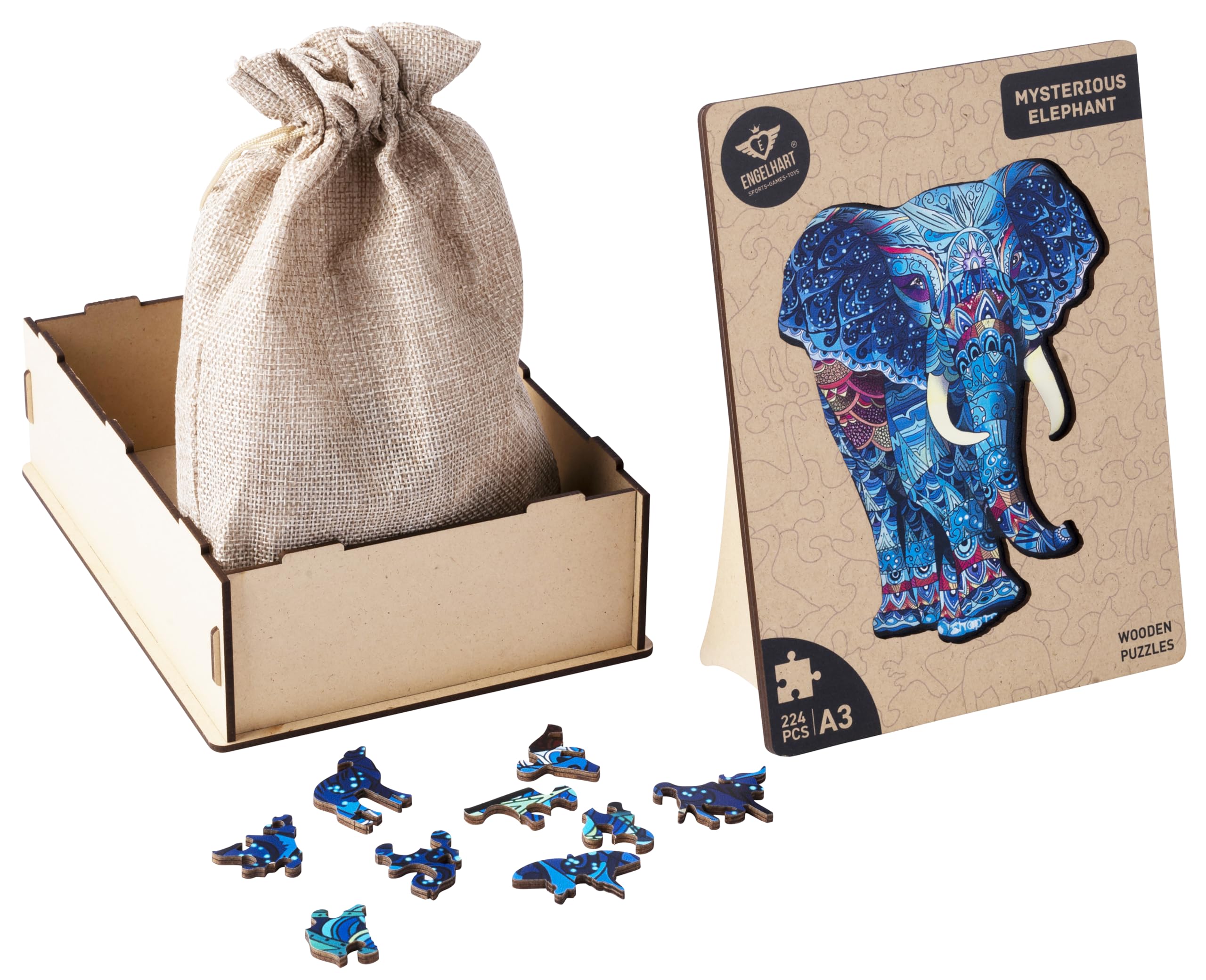Engelhart - 602240 - Rompecabezas de Madera Animales: Elefante A3 - Forma de Madera Única de 224 Piezas - para Adultos - Caja de Regalo - A Partir de 12 años - 29.7 x 42 cm