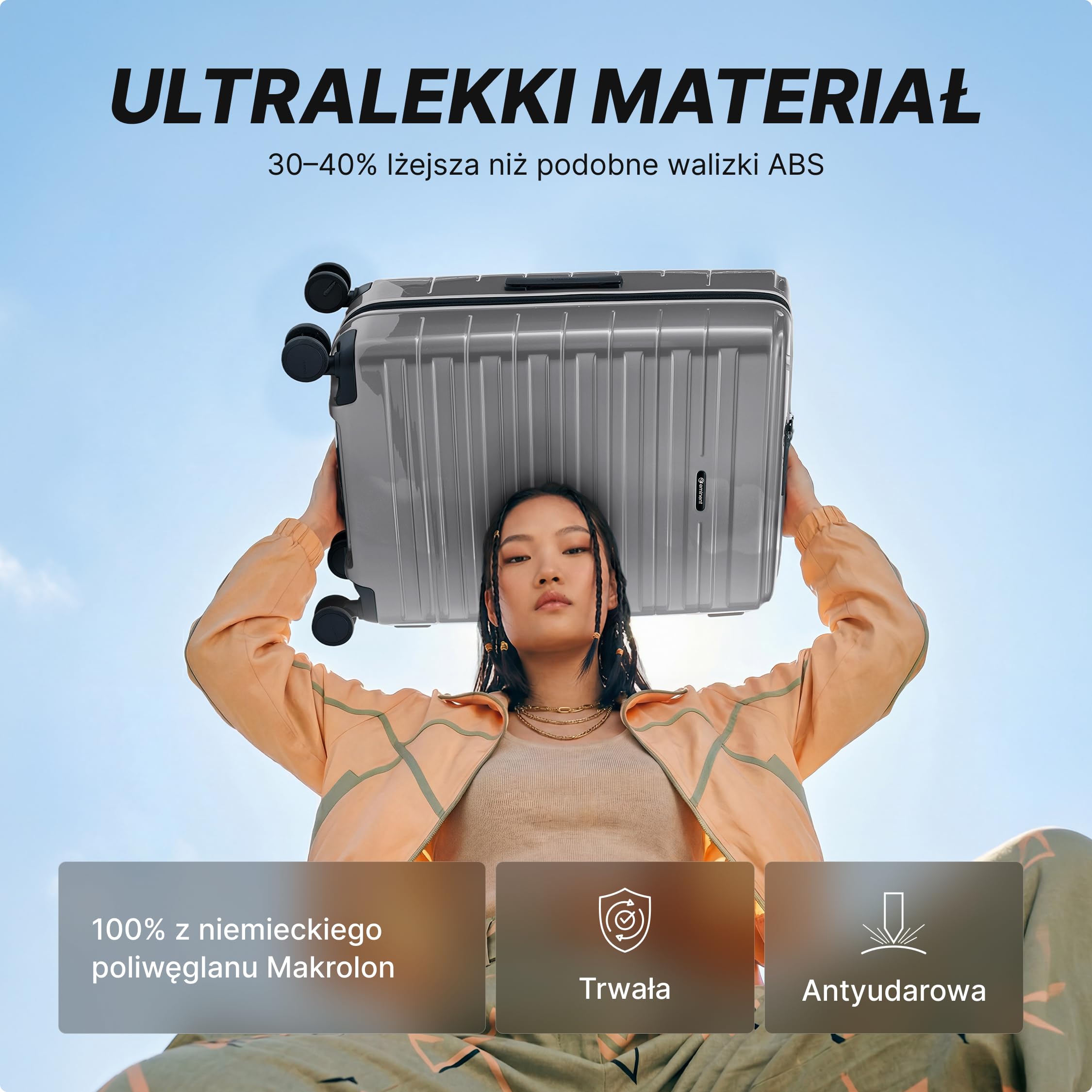 Eminent Voyager Walizka Średnia Twarda, Trolley Podróżna na Kółkach | Walizka średnia podróżna, 3,4 kg, 71L, rozszerzana 67x44x26/30, zamek TSA, 4 kółka, bagaż rejestrowany, Srebrny