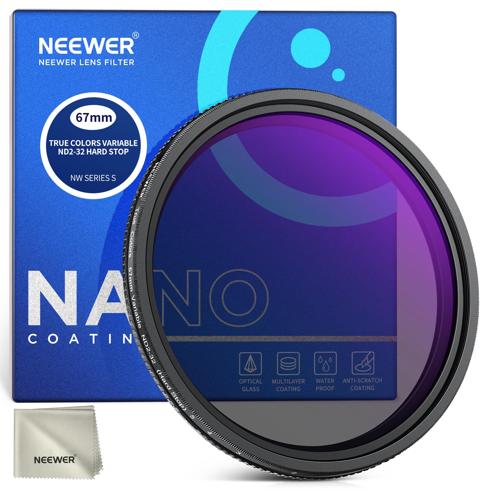 NEEWER 67mm True Colors Hard Stop Variabler ND Filter ND2-32 (1-5 Stop) begrenzter Graufilter, mehrfach beschichtetes HD Optikglas/kein X Kreuz/Aluminiumrahmen/wasserdicht/kratzfest/Anti Fingerabdruck