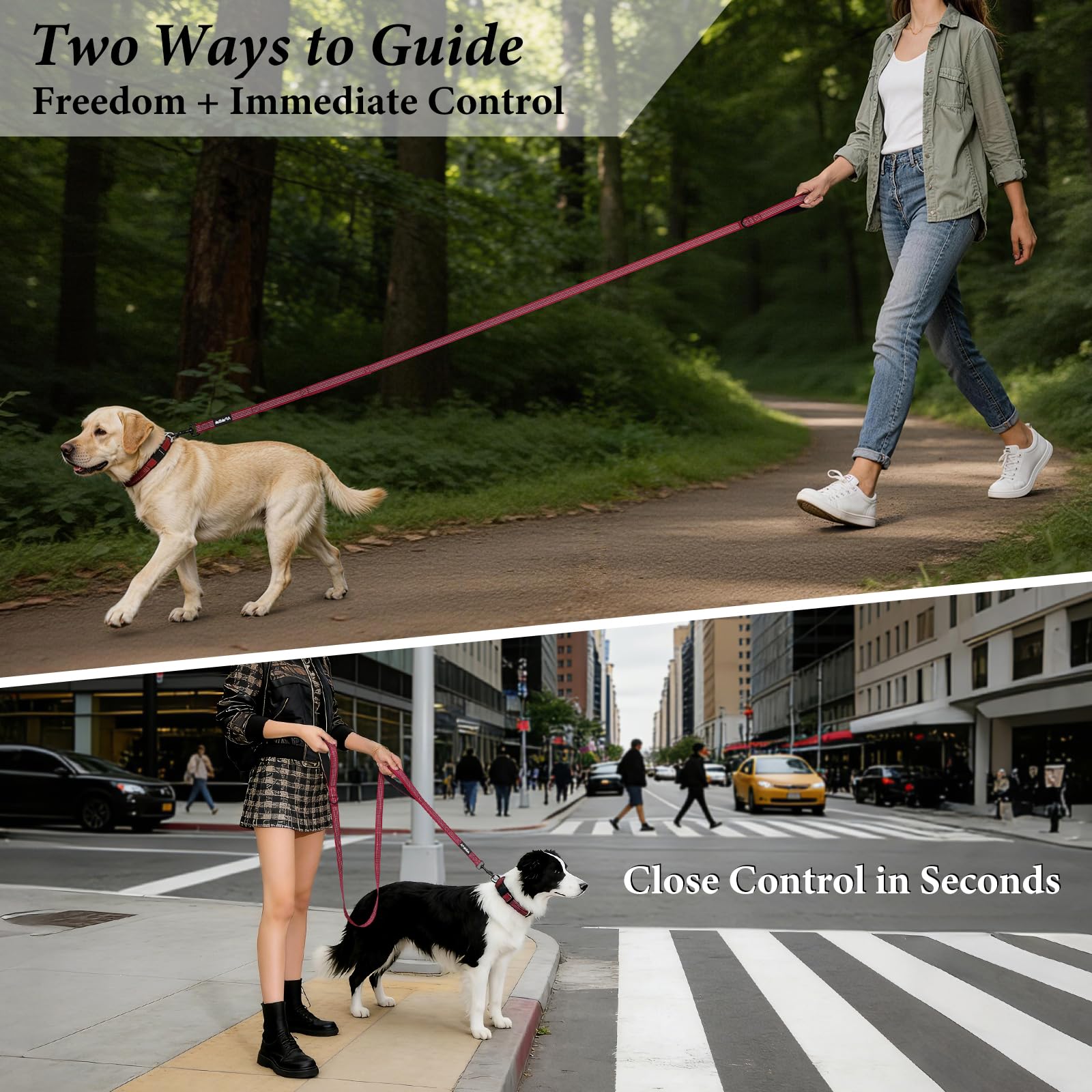 Double Handle Dog Leash 6 FT Reflective 2 Handle Traffic Lead with Padded Grip, Heavy Duty Nylon Leash for Walking Training, for Small Medium Large Dogs, Red - 2