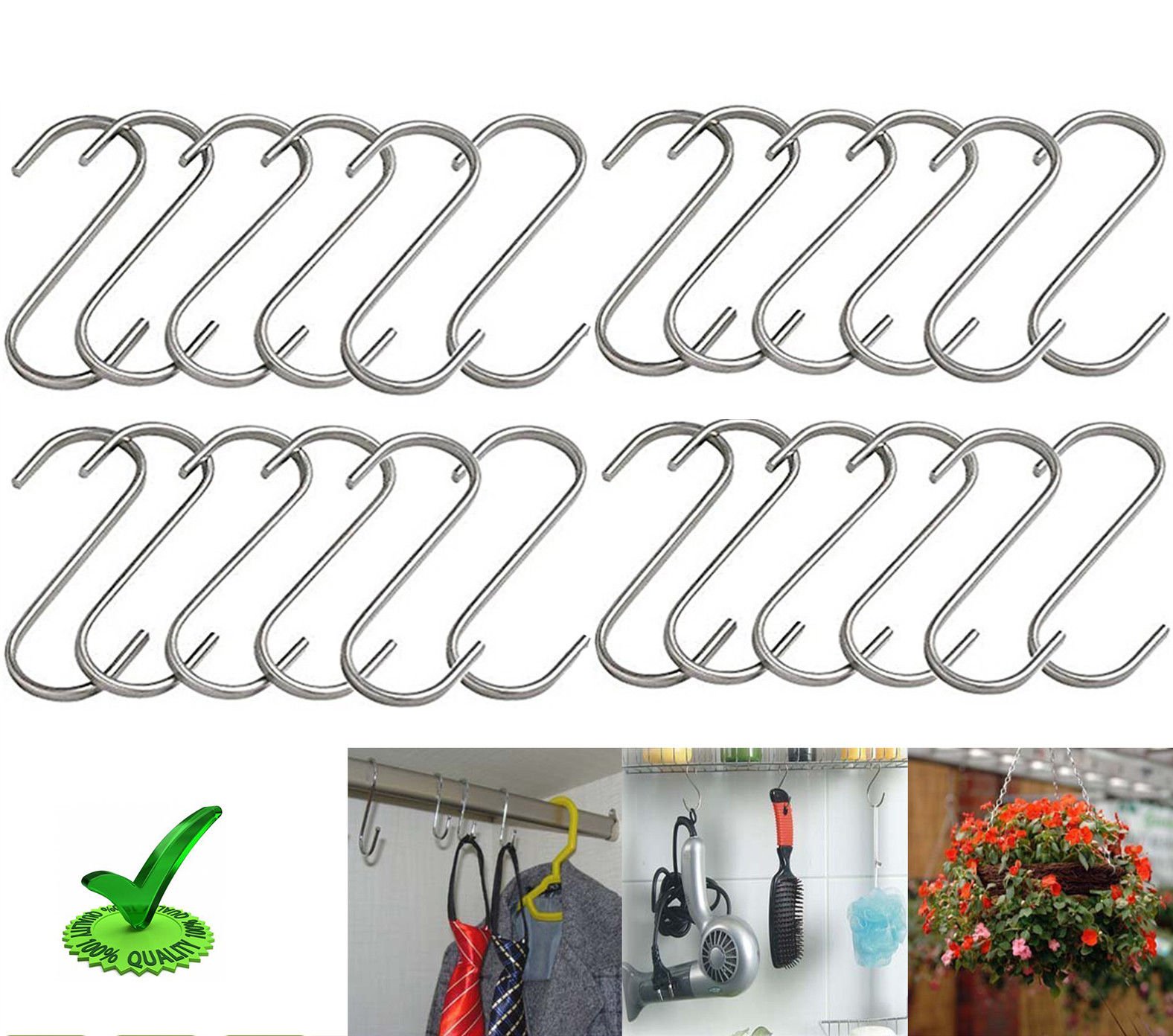 10x NEW CHROME S HOOKS FOR BUTCHER KITCHEN RACK, PAN HANGER, HANGING RAIL (58x50mm)