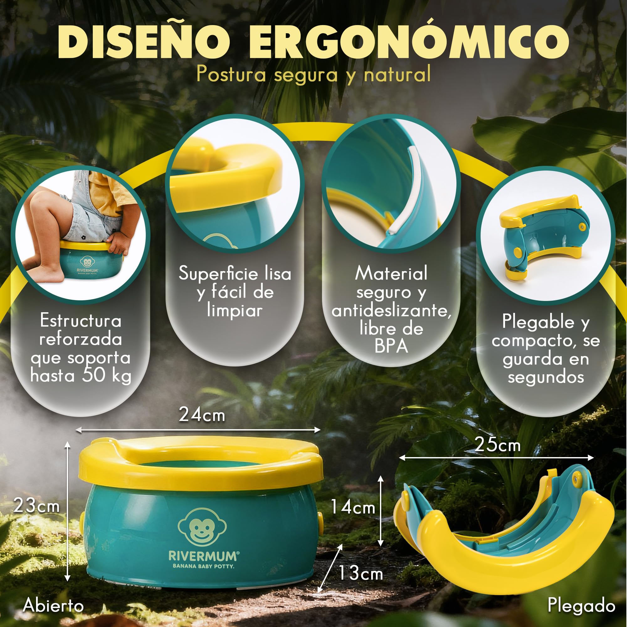 RIVERMUM® Kit Orinal Portatil Niños Plegable Banana XL, Orinal Infantil Pórtatil para viajes o casa, WC Inodoro portatil Niños, Potty Training, Incluye Bolsas, Pegatinas y Cacalendario (VERDE) - 4