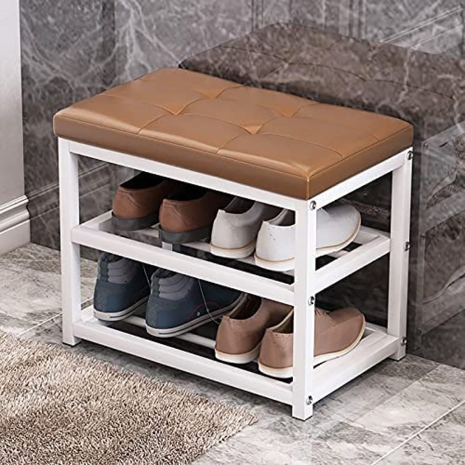 WJFTODAY Entryway Shoe Rack Bench with Cushion Seat 3 Tier Shoe Storage Metal Shelf Faux Leather 70x45x30 cm (28x18x12 inch) Stylish & Functional Footwear Solution