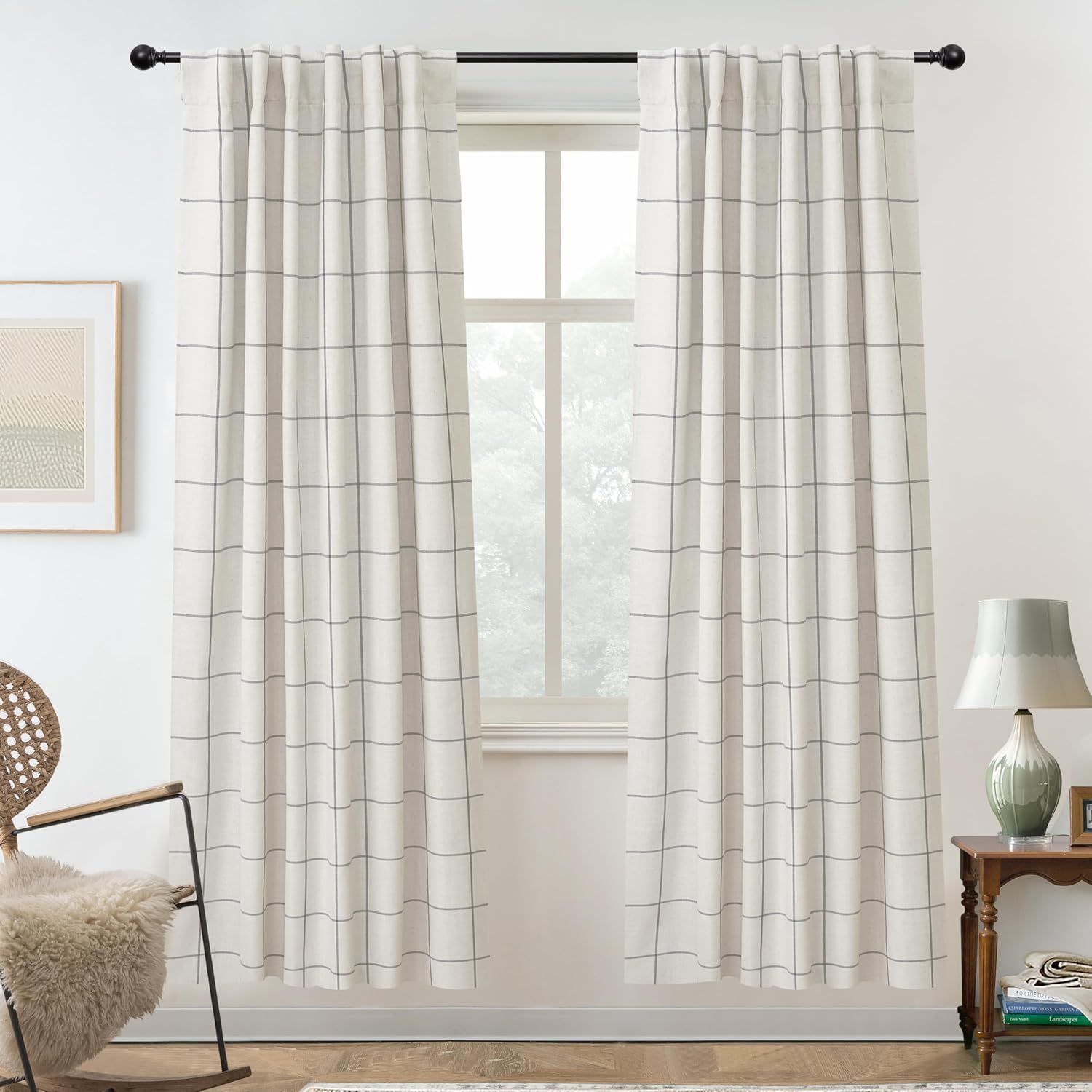 DriftAway 2 Panels 100% Blackout Windowpane Plaid Linen Curtains Double Layer Drapes for Bedroom 72 Inches Long Farmhouse Thermal Insulated 3.25 Inch Rod Pocket Back Tab for Living Room Gray Grey 52"W x 72"L (Pack of 2)