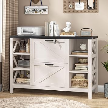 Halitaa 44" Farmhouse Lateral File Cabinet with 2 Drawers, White and Black | Filing Cabinet with Lock for Legal/A4/Letter, Wooden Printer Stand Office Furniture with Adjustable Shelves for Home Office