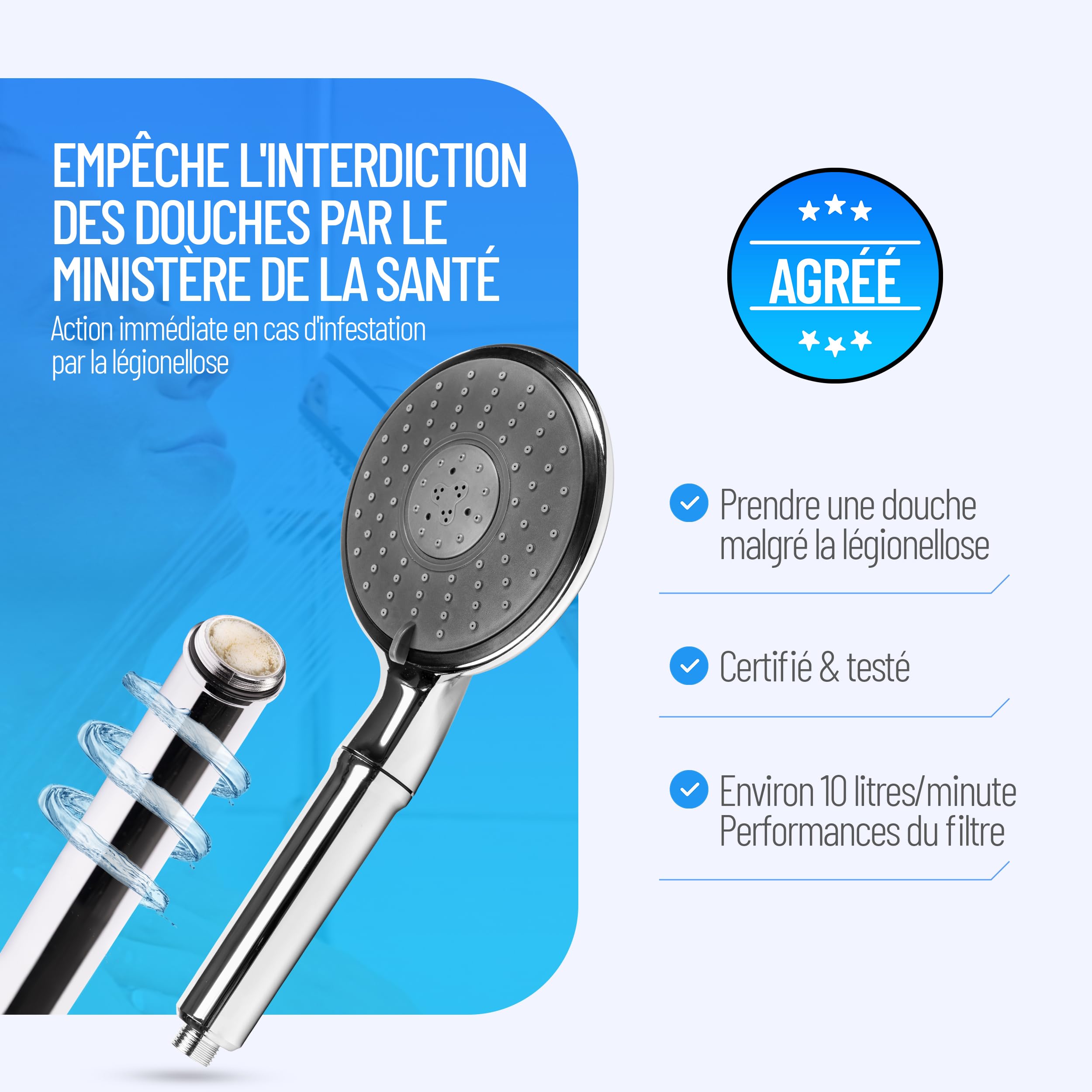 Pommeau de douche anti légionellose Premium, Protection longue durée, esthétique & discrète