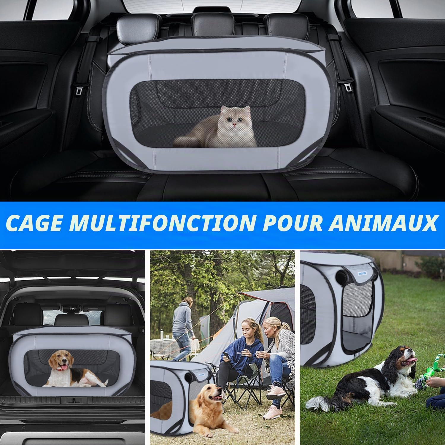 Nobleza Cage Portative pour Chien Chat de Voiture, Parc Pliable pour Chien, Clôture pour Animaux de compagnie en Tissu Oxford Imperméable Plaqué, Adaptée à l'intérieur et à l'extérieur, 93*54*54 cm