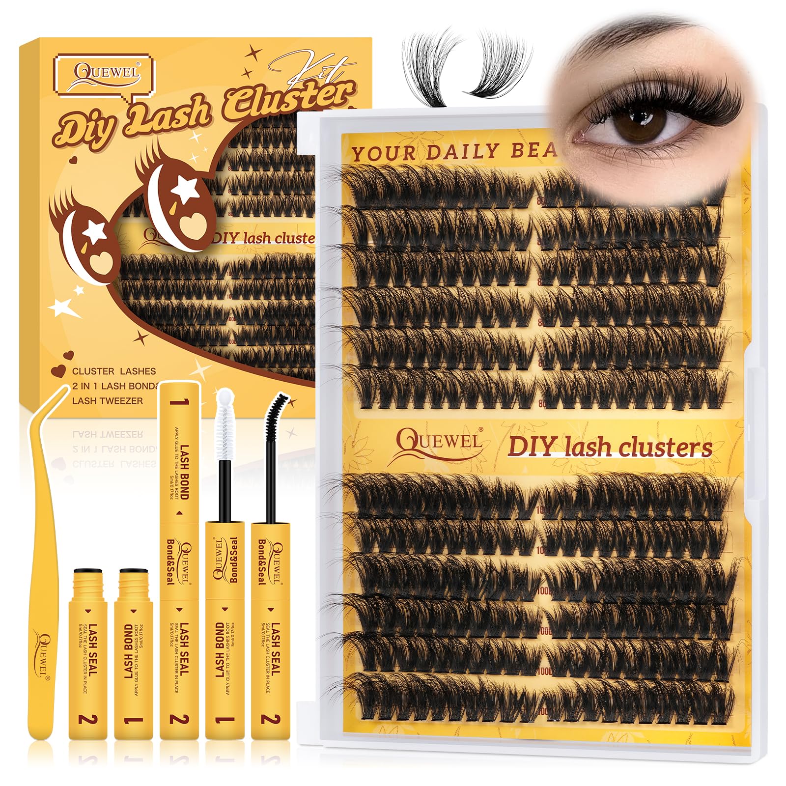 QUEWEL 3D Lash Clusters Kit, 240 PCS Cat Eye Eyelash Clusters 80D+100D Wispy Cluster Eyelash Extensions, Easy to Use Left&Right Lash Extension Kit Reusable Waterproof for DIY at Home (3D 80D+100D-KIT)