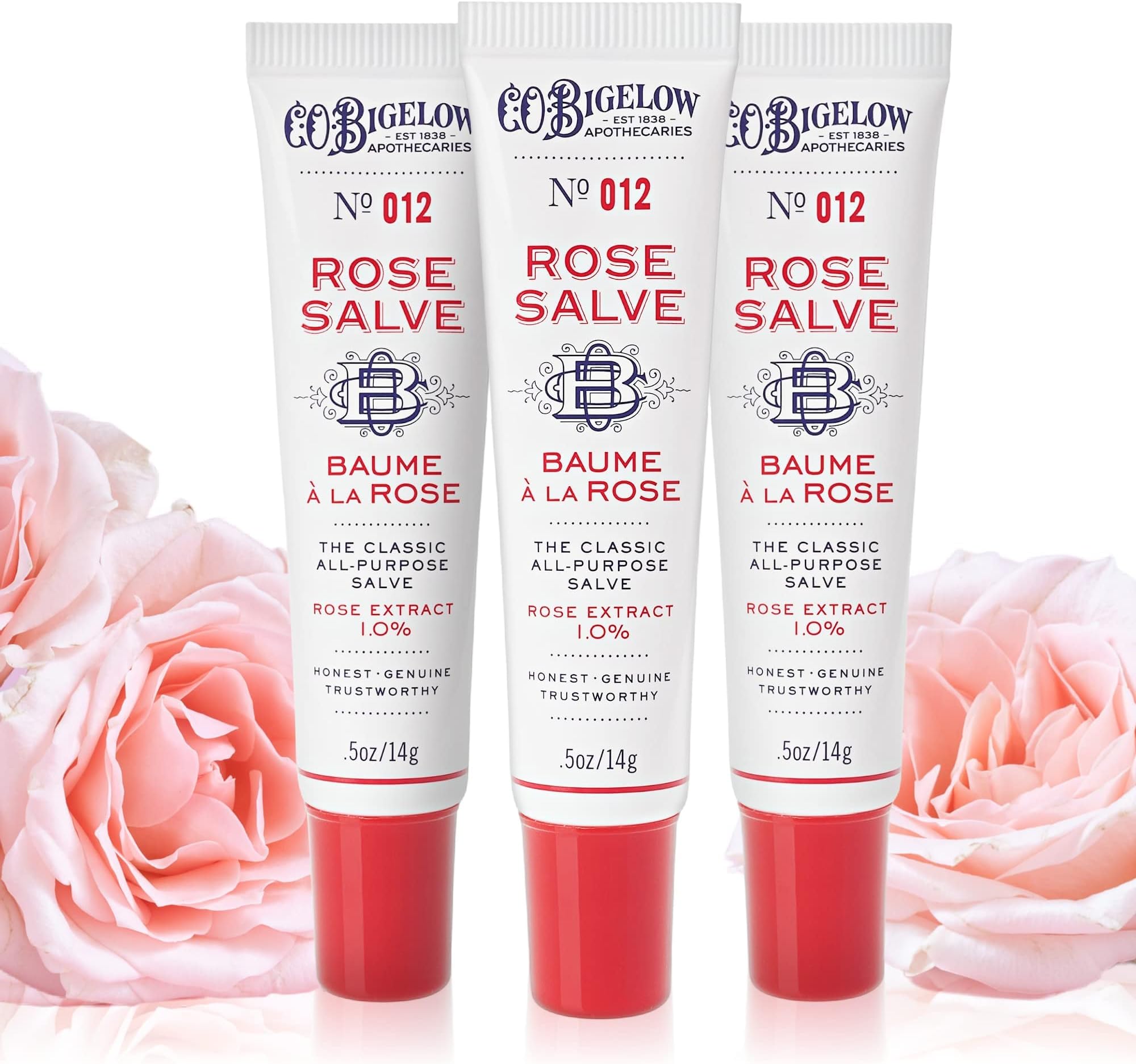 C.O. Bigelow Rose Salve Tubes, Pack of 3 Lip Balm Tubes, All Purpose Salve for Lips, Cuticles, Hands & Dry Skin, Lip Balm Set, 0.5 oz