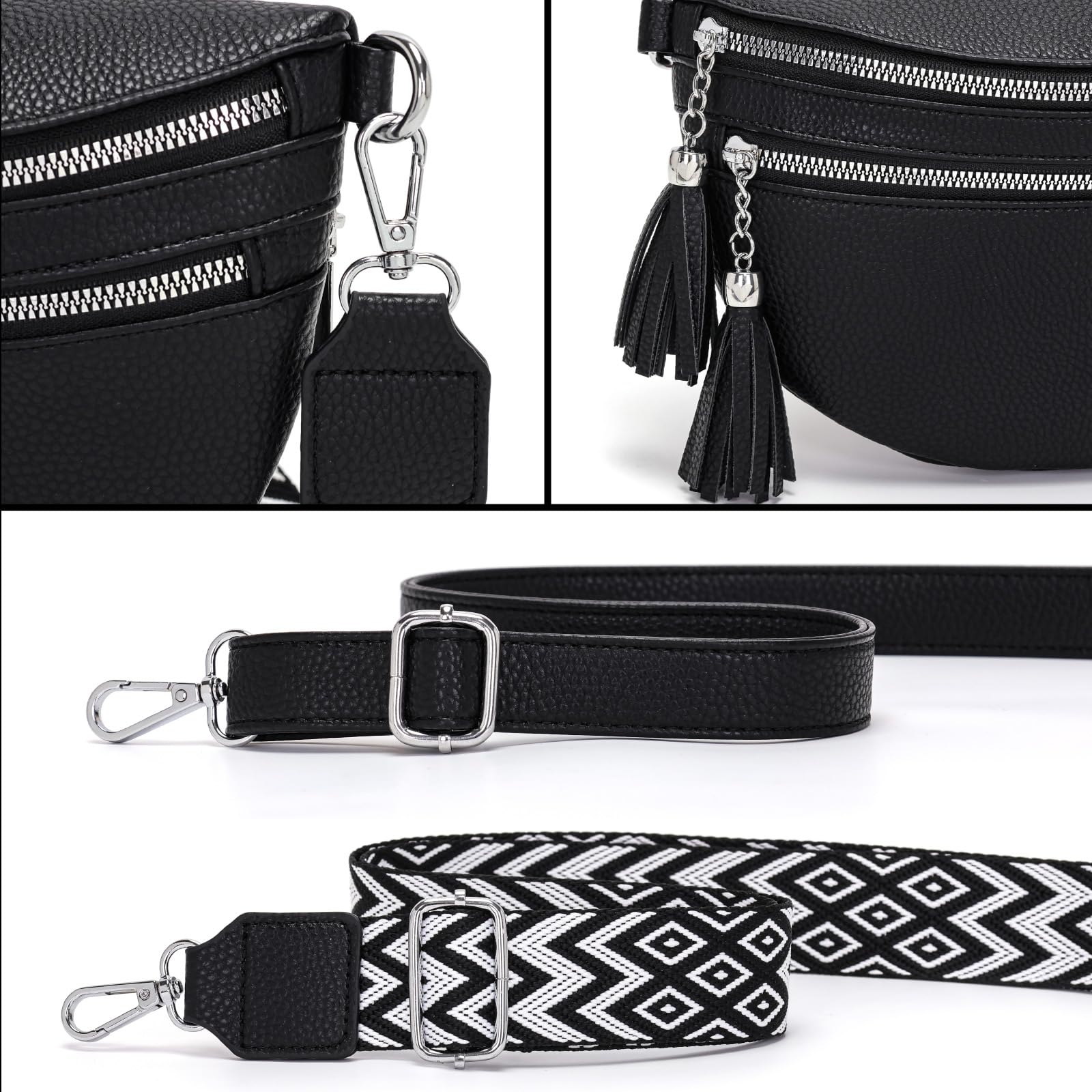 LANXINGLUO bolso riñonera mujer bolso bandolera mujer Con compartimento para tarjetas de crédito y 2 correas para el hombro negro