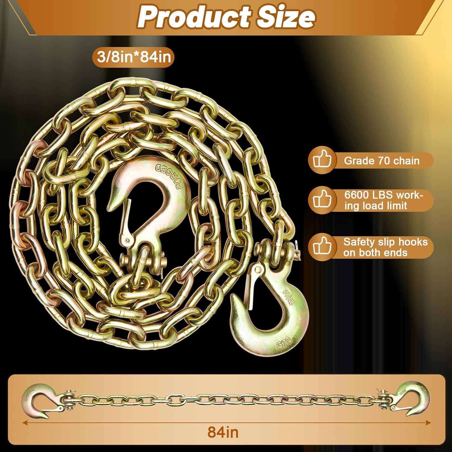 Hicarer 3/8" x 7 ft Trailer Safety Chains with Hooks, G70 Tow Chains and Clevis Snap Hooks with Safety Latch, 26400lbs Break Strength, Gooseneck Hitch Tow Chain for Trailers Rv Camper