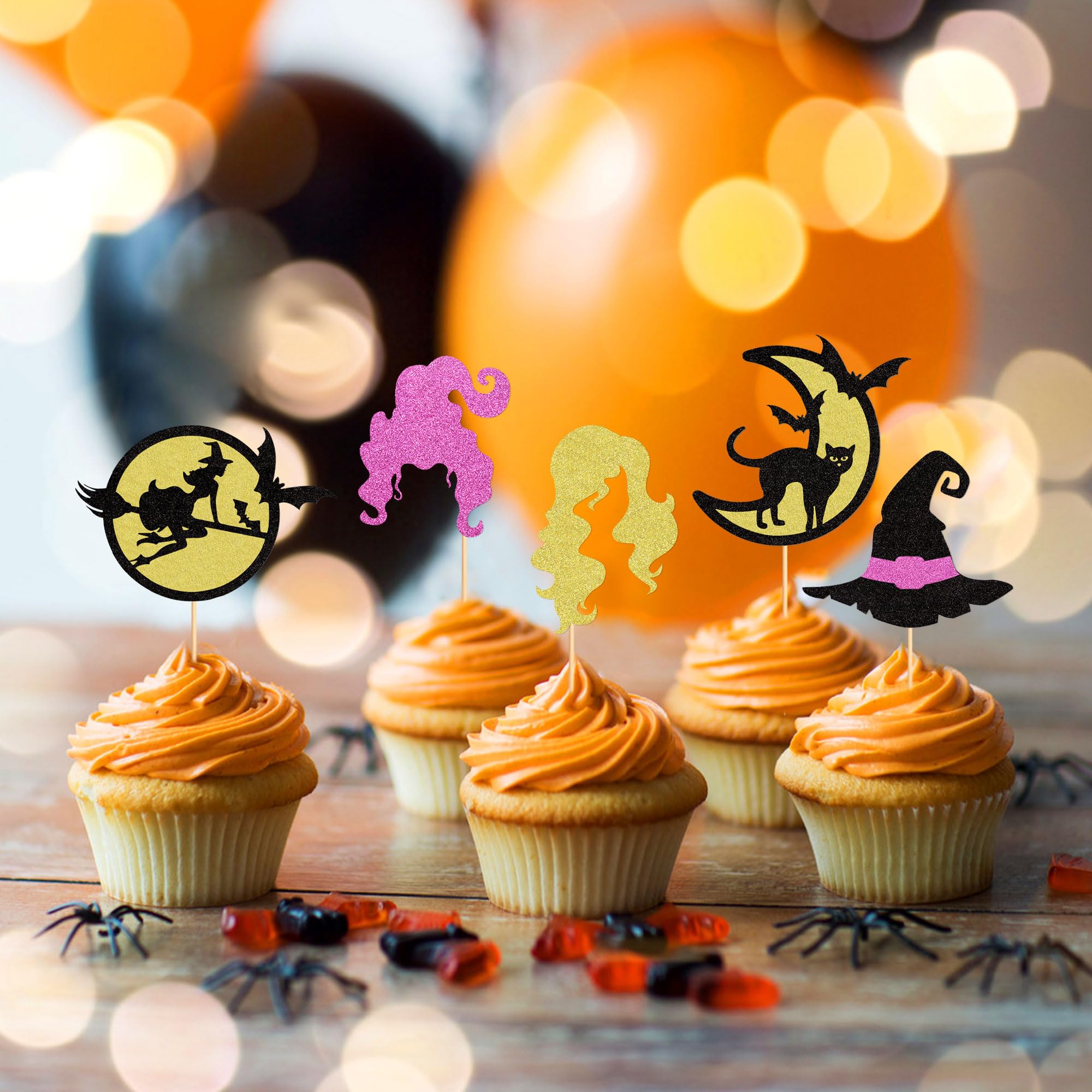 Rsstarxi 32-Pack Hocus Pocus Cupcake Toppers - Glitter Witch & Magic Book Designs For Halloween Party