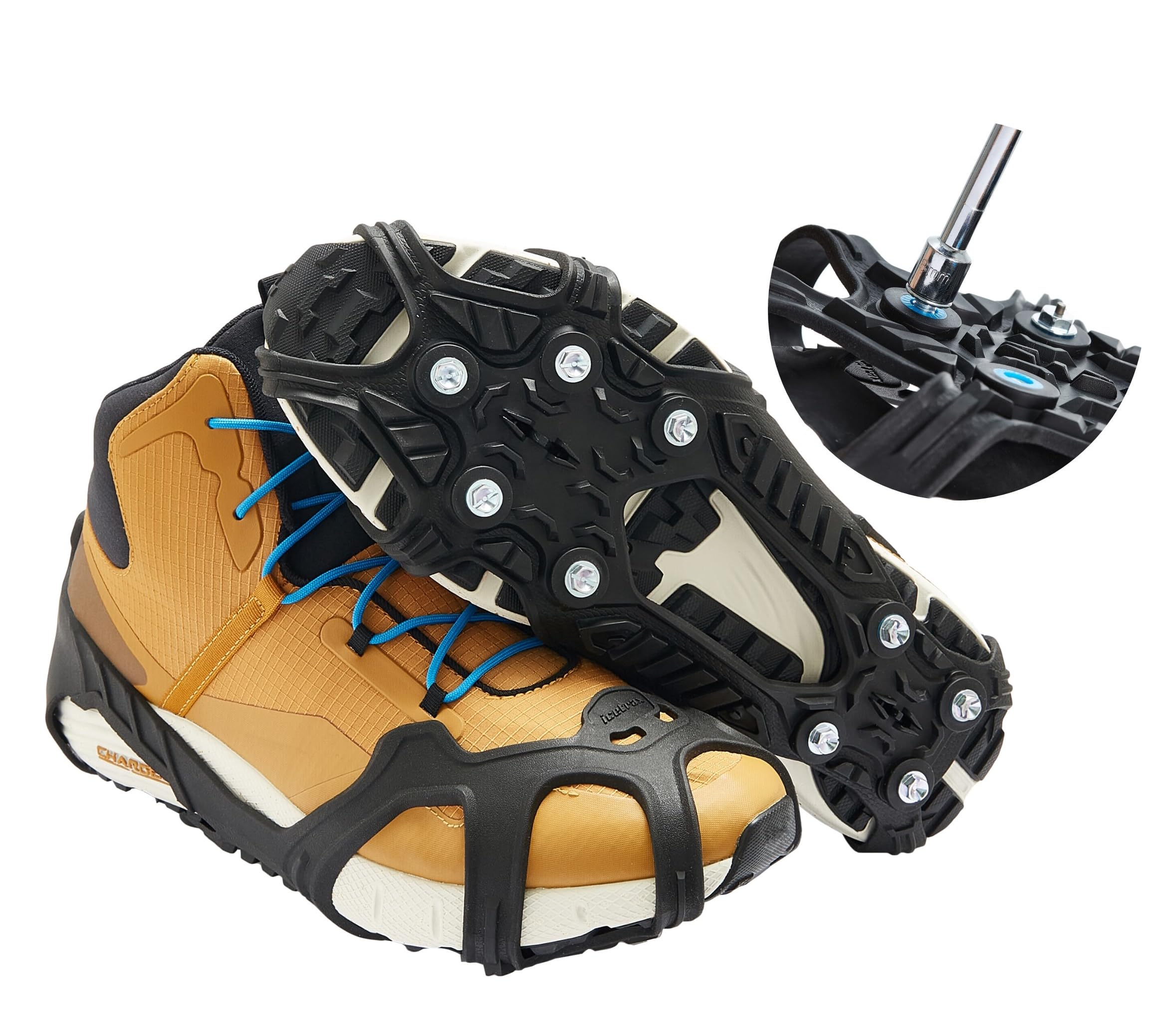 ICETRAX V5 Ice Cleats, Easy to Replace Spikes, Ice Grips for Shoes and Boots, StayON Toe, Reflective Heel