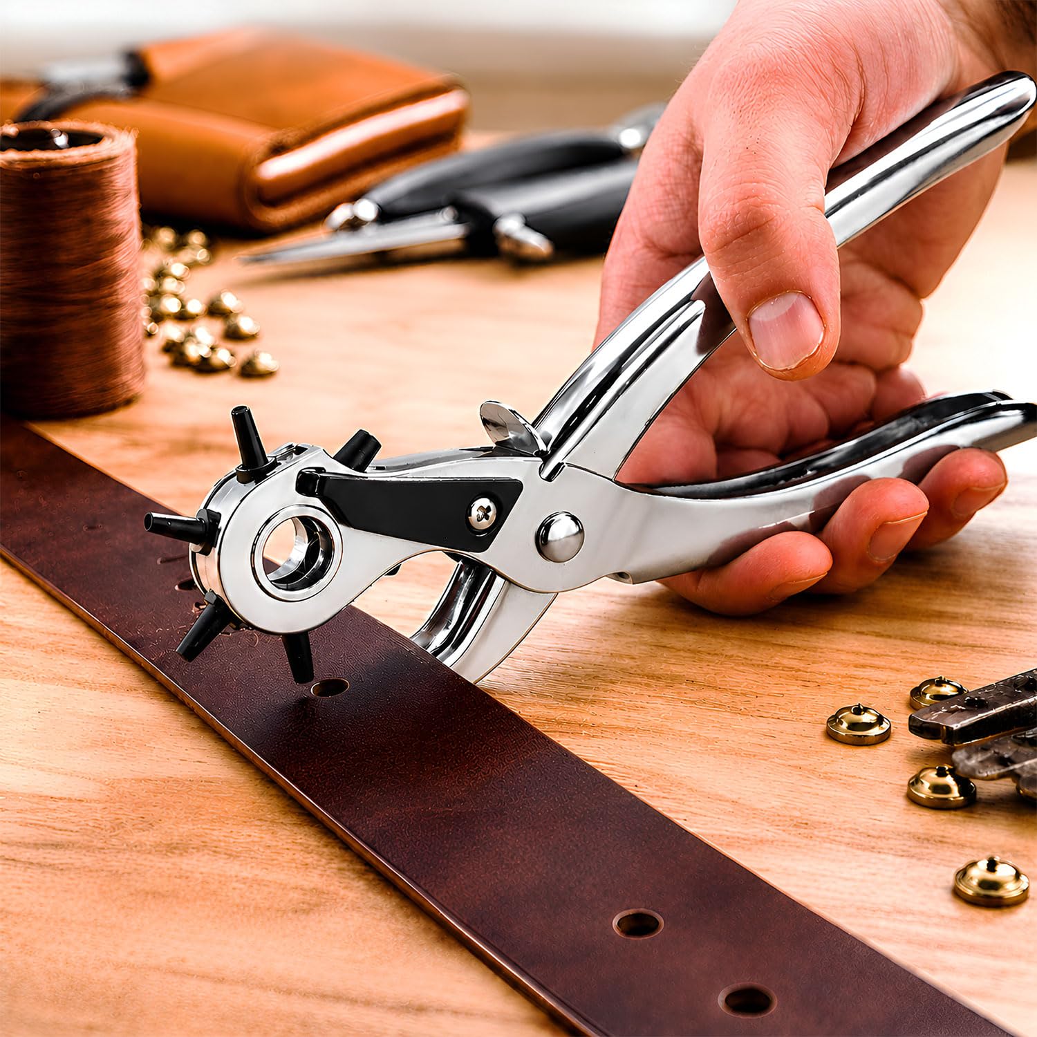 Volo Metal Hole Punch Pliers Repair Tool/Multi Tools for Leather Strap or Waist Belt/Waist Band, Belt Punching Machine with Multiple Hole Sizes (Color: Silver)-image-13