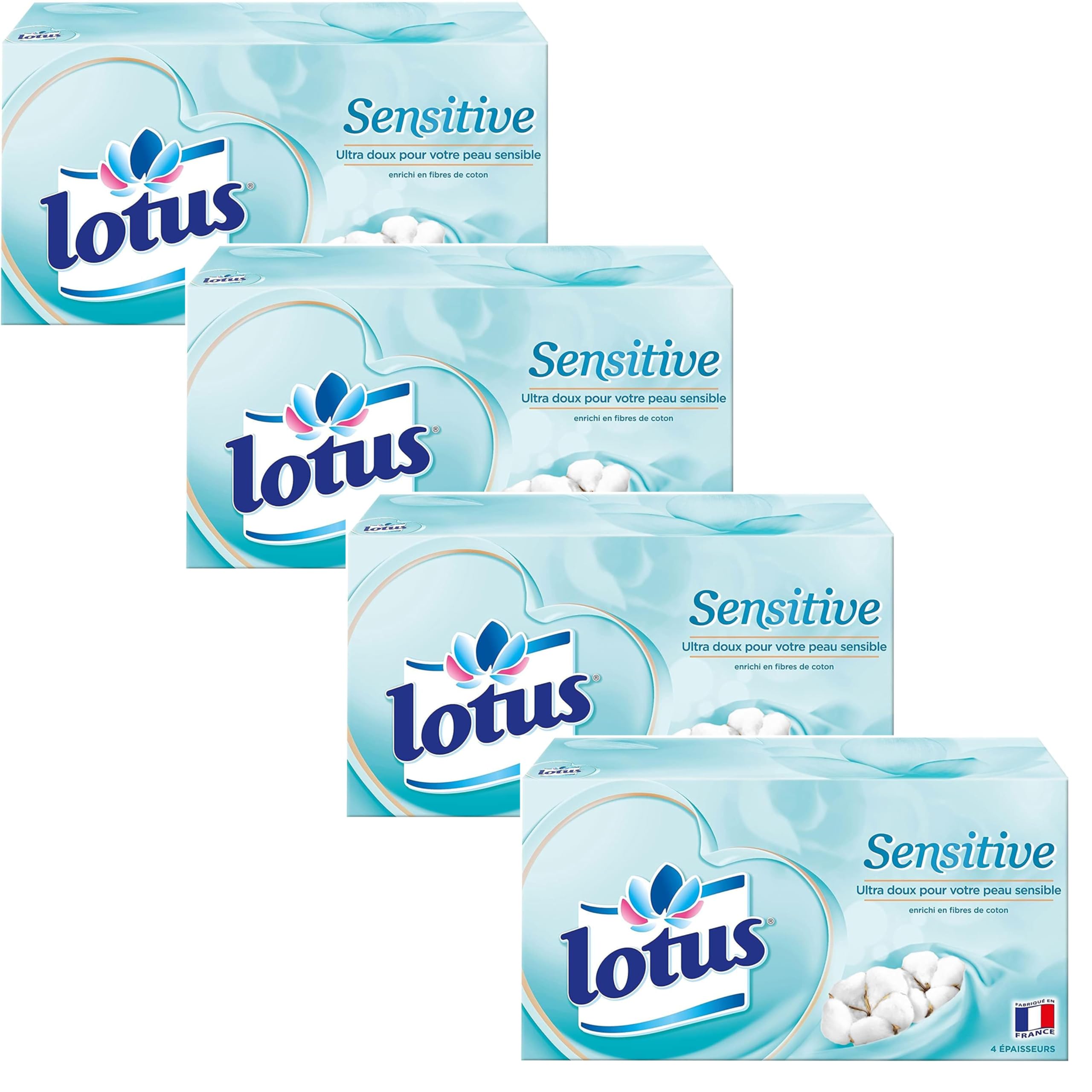 Lotus Sensitive – 320 Mouchoirs 4 épaisseurs pour un confort absolu – Blancs, doux et résistants – Fabriqués en France – Lot de 4 boîtes de 80
