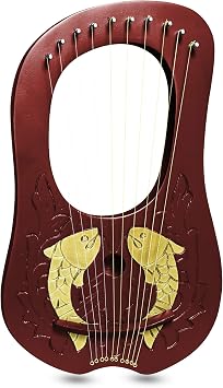 Lyre Harp 10 Metal Strings Engraved Golden Fish Design Brown finish tuning key, Carrying bag