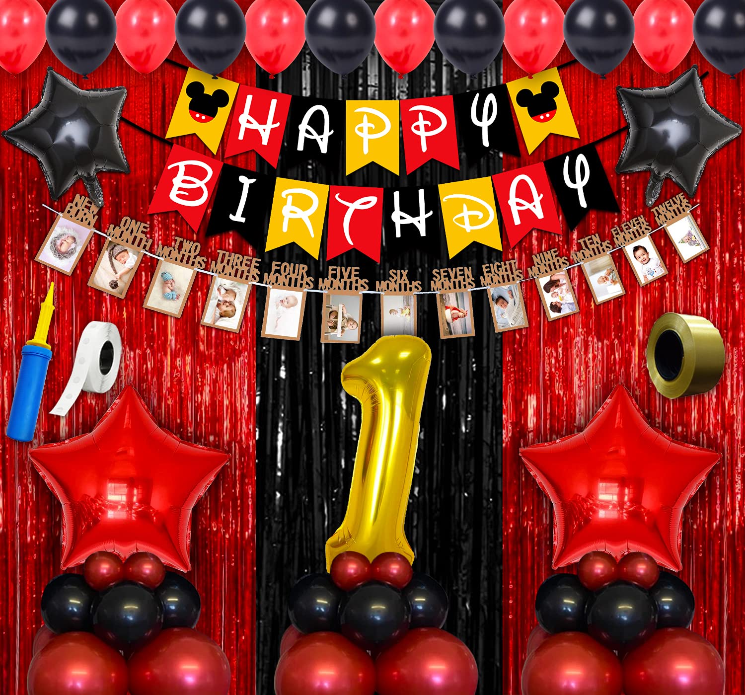 Party Propz Mickey Mouse 1st Birthday Decoration - 64 Pcs | First Birthday Decorations Boys Girls | 1-12Month Photo Frame Banner(Cardstock), Foil Curtain, Balloons, Hand Pump, Curling Ribbon, Glue Dot