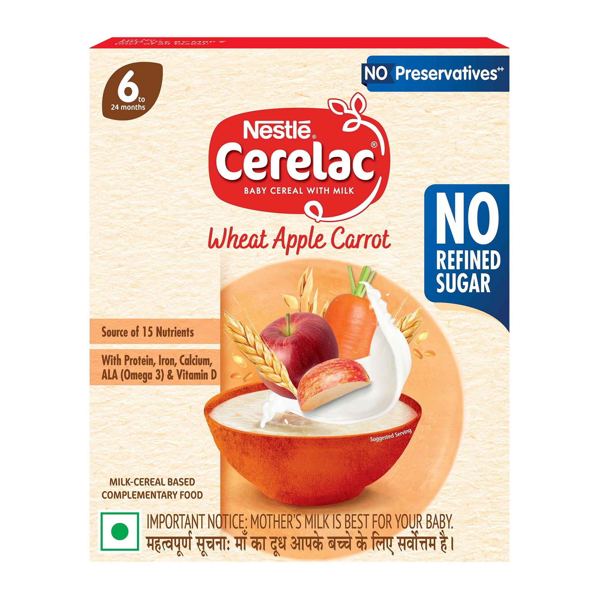 CERELAC Baby Cereal | No Refined Sugar | Wheat Apple Carrot for 6-24 months baby | Omega 3 Iron Protein Calcium Vitamin D for babies | Instant Infant Cereal | Travel Friendly | 300g