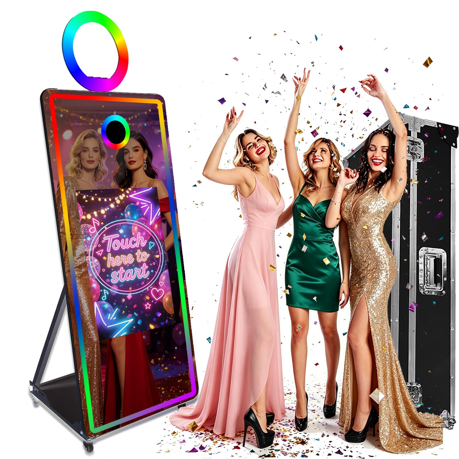 Lustrzana fotobudka do selfie, ramka LED, przenośny ekran dotykowy, magiczna budka lustrzana, maszyna na imprezy weselne (150 cm (czarna) + walizka lotnicza