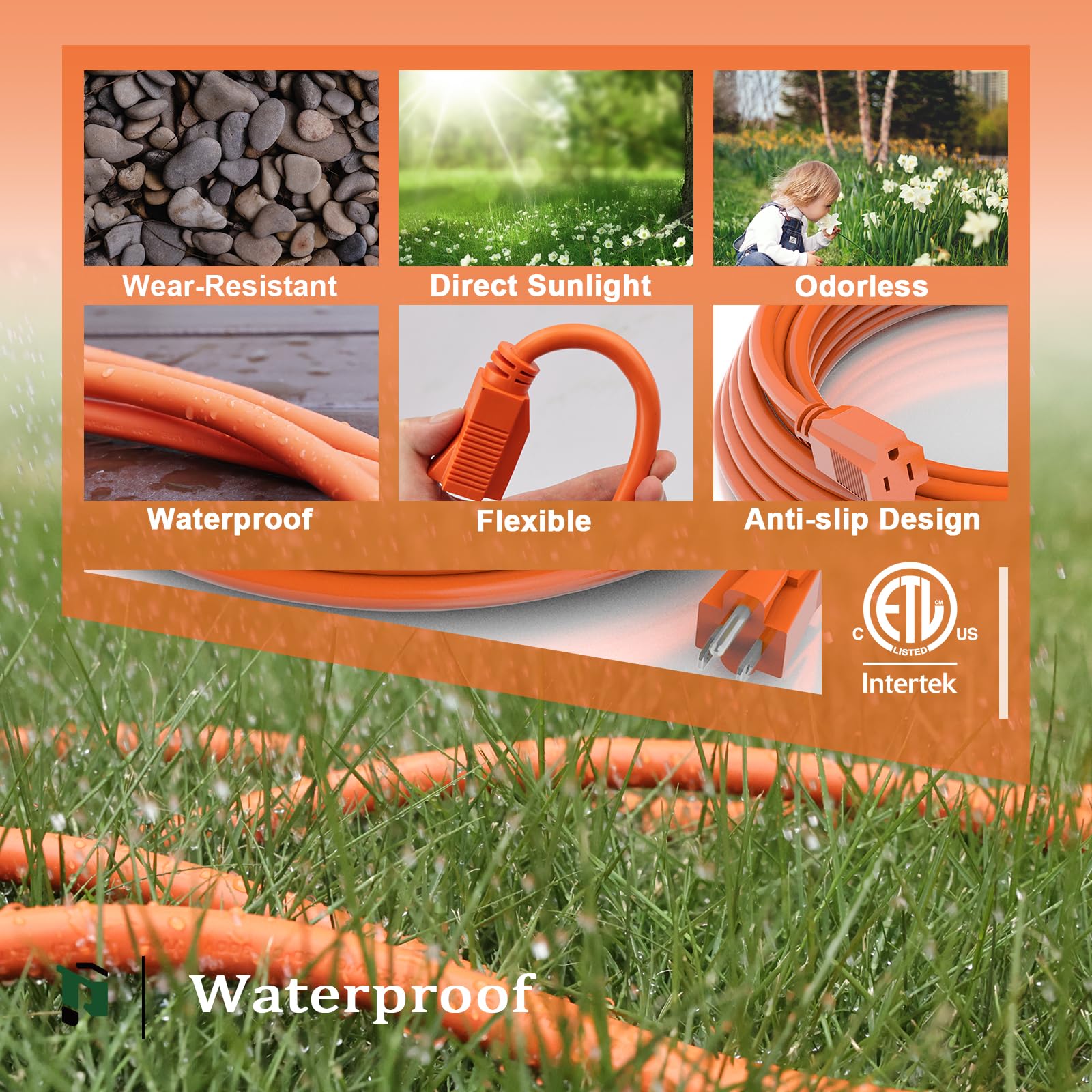Cable de extensión para exteriores de calibre 12/3 de 25 pies, resistente al agua, cable de extensión de 3 puntas, 15 A 1875 W SJTW, listado ETL, ideal para jardín y hogar, naranja