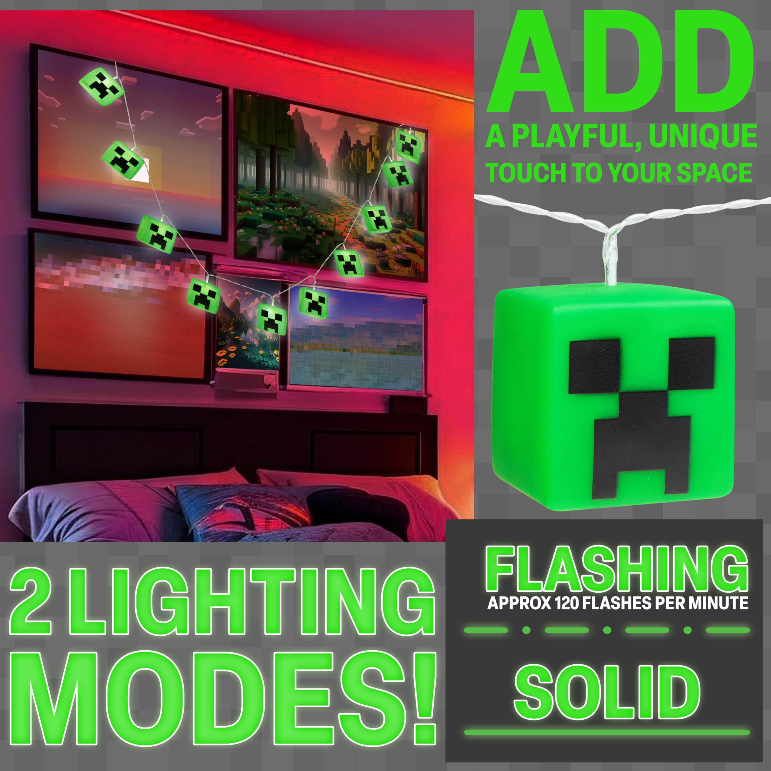 Minecraft Guirlande Lumineuse Creeper LED 165cm Guirlande Lumineuse à Piles Décoration Intérieure Gamer 2 Modes Déco Chambre Idée Cadeau Garçon