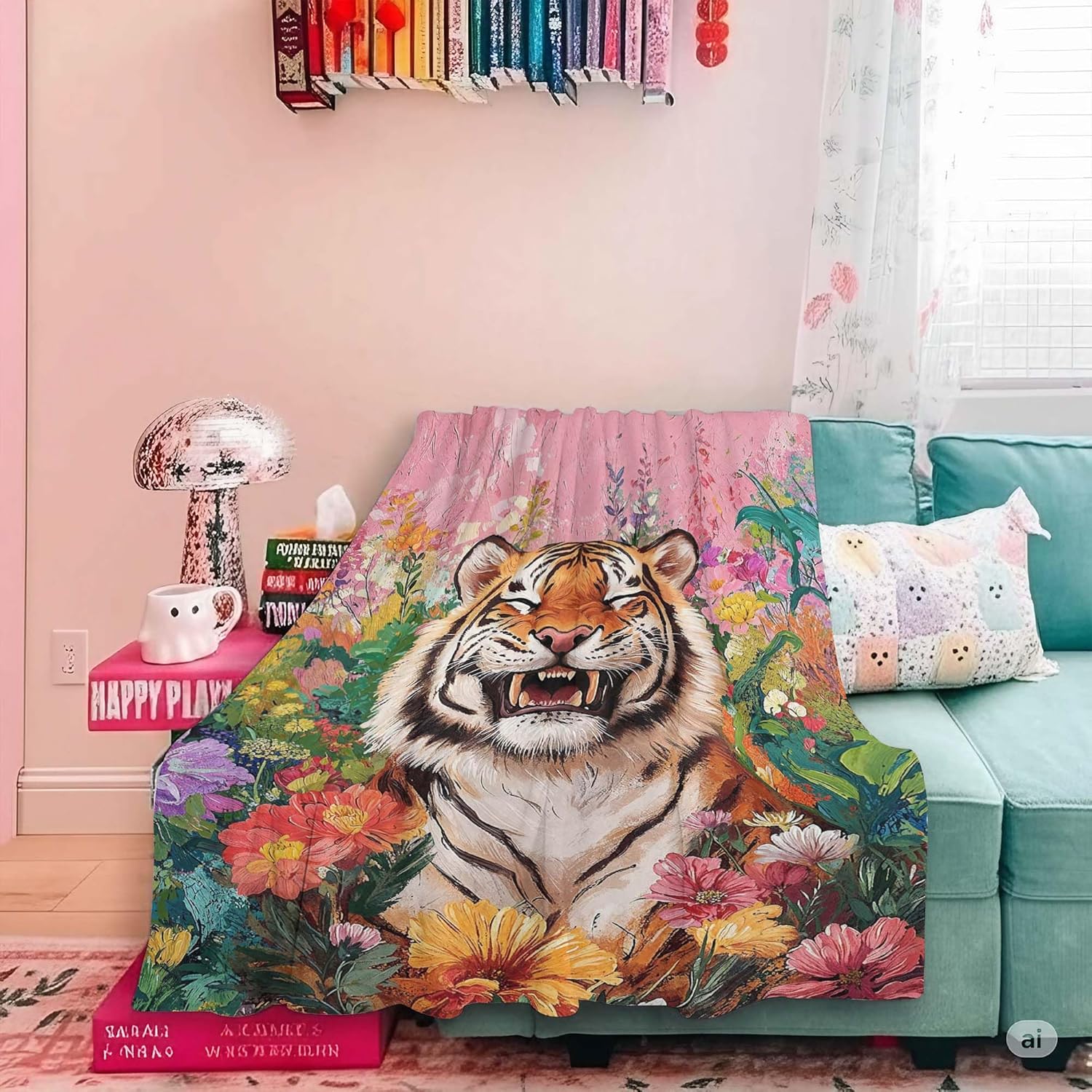 Tiger Blanket 50"x 60", Boho Vintage Smiling Tiger Print Floral Flower Throw Blanket, Pink Colorful Soft Cozy Lightweight Flannel Throws Blankets Gifts for Women Men Couch Bed Sofa Chair Decor - Image 5