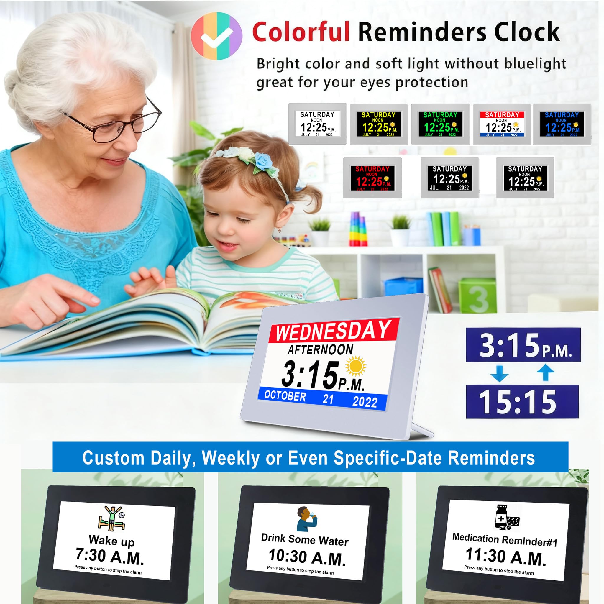 MASSII 【Aggiornato】 Orologio digitale con icone Auto DST e Sun Luna, 20 allarmi promemoria personalizzati, calendario giorno data orologio per anziani, demenza Alzheimer, orologio da 17,8 cm (nero)