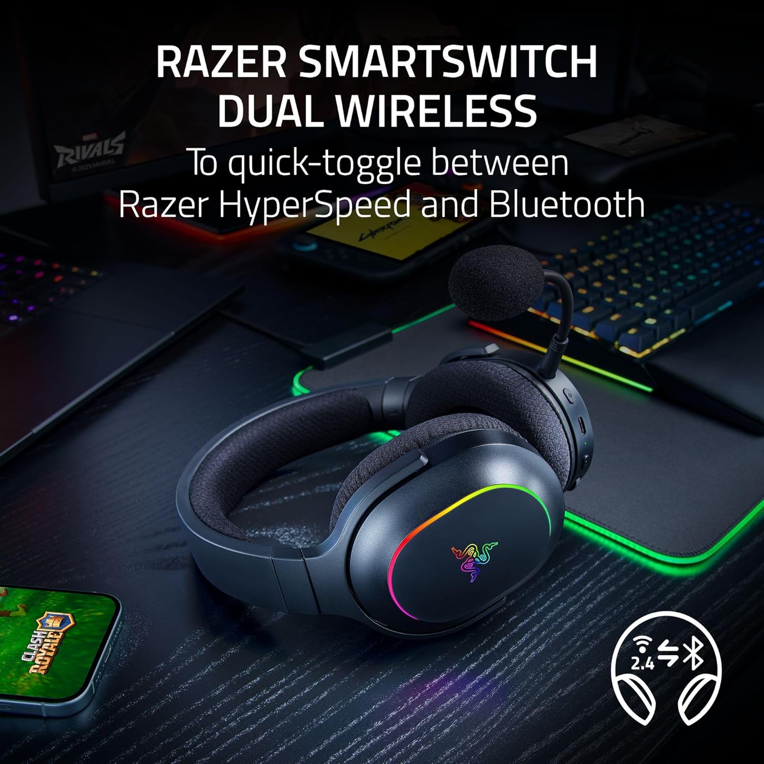 Razer Barracuda X Chroma headset highlighting SmartSwitch Dual Wireless feature