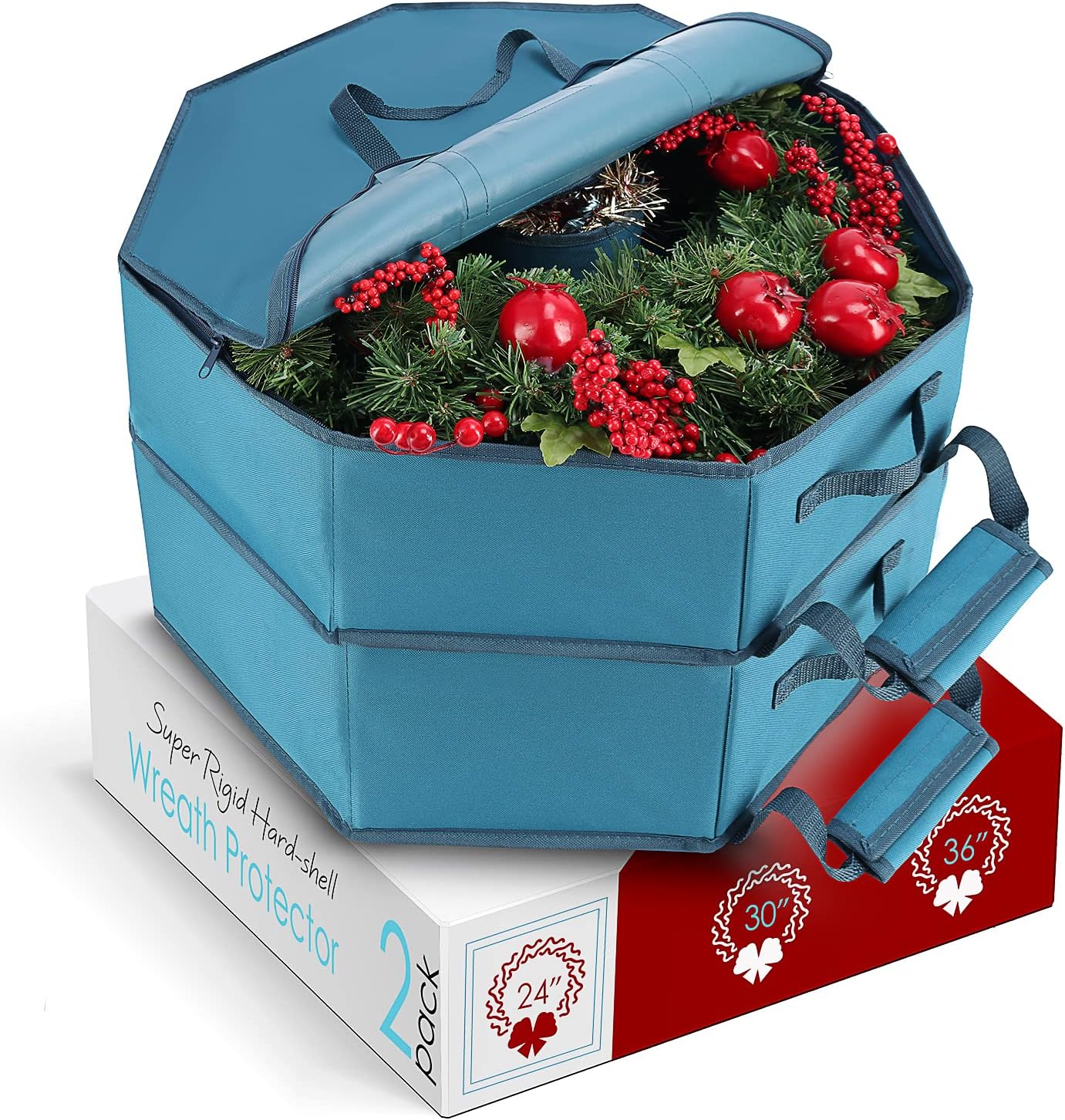 Hearth & Harbor Container-Hard Shell Christmas Bag with Interior Pockets, Dual Zipper and Handles-Premium Wreath Storage Organizer Box, 24", Blue Non woven fabric 24" - 2 Pack