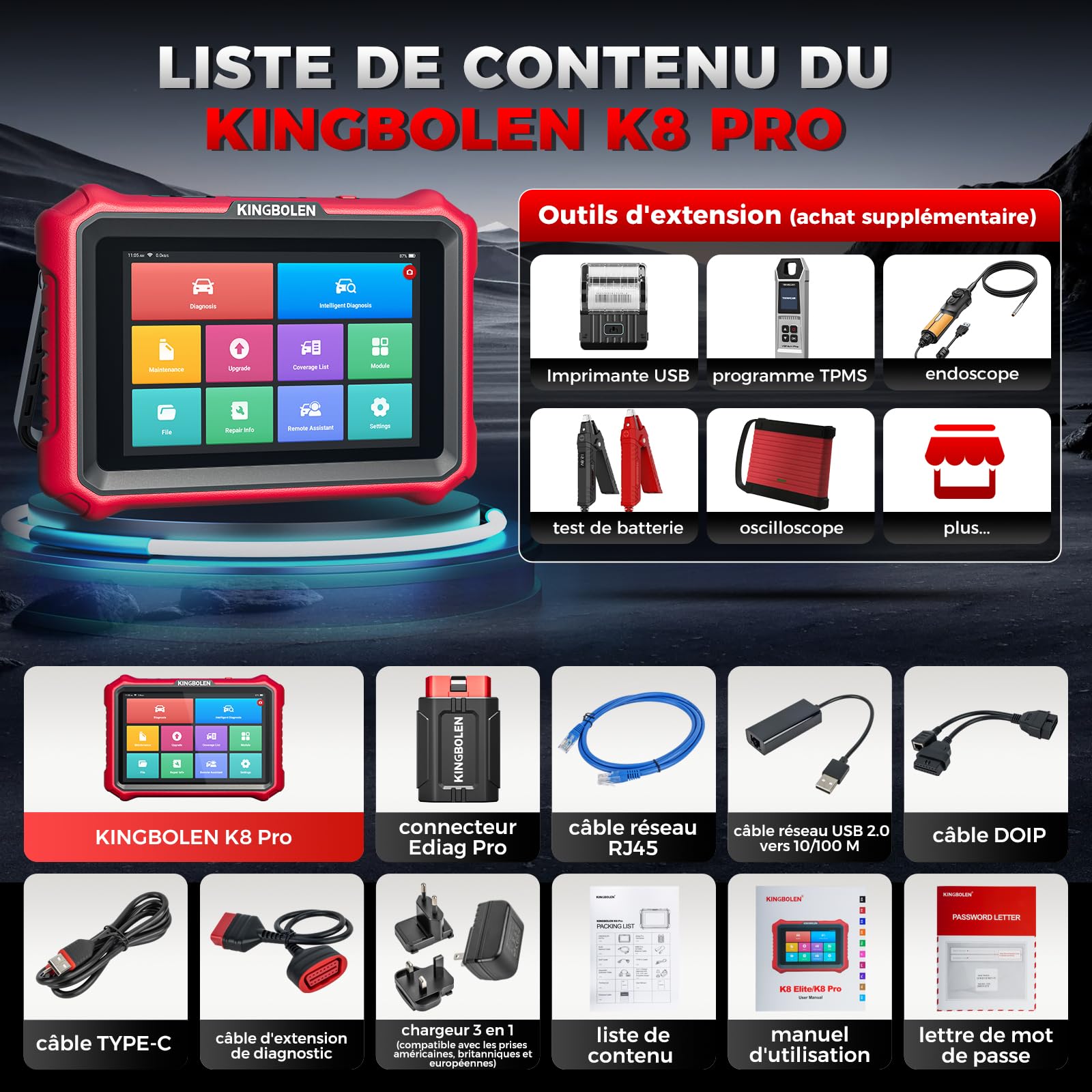 KINGBOLEN K8 Pro Valise Diagnostic Auto, OBD2 Diagnostic Français pour système Complet avec 42+ Réinitialisations, Codes ECU, Contrôle Bidirectionnel, CANFD＆DOIP, Mise à Jour Gratuite à Vie
